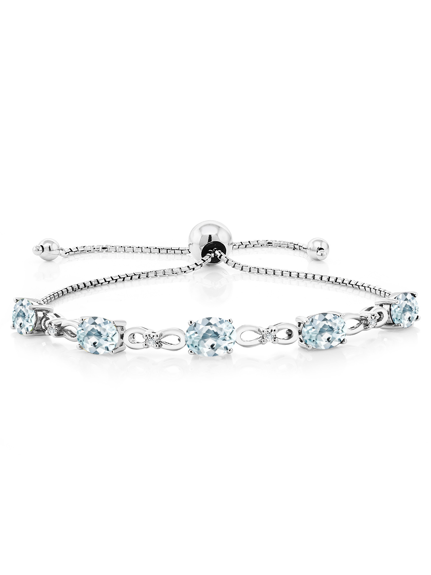 Gem Stone King 925 Sterling Silver Sky Blue Aquamarine and White Lab Grown Diamond Tennis Bracelet For Women (3.75 Cttw, Gemstone March Birthstone, Oval 7x5MM, Fully Adjustable Up to 9 inch)
