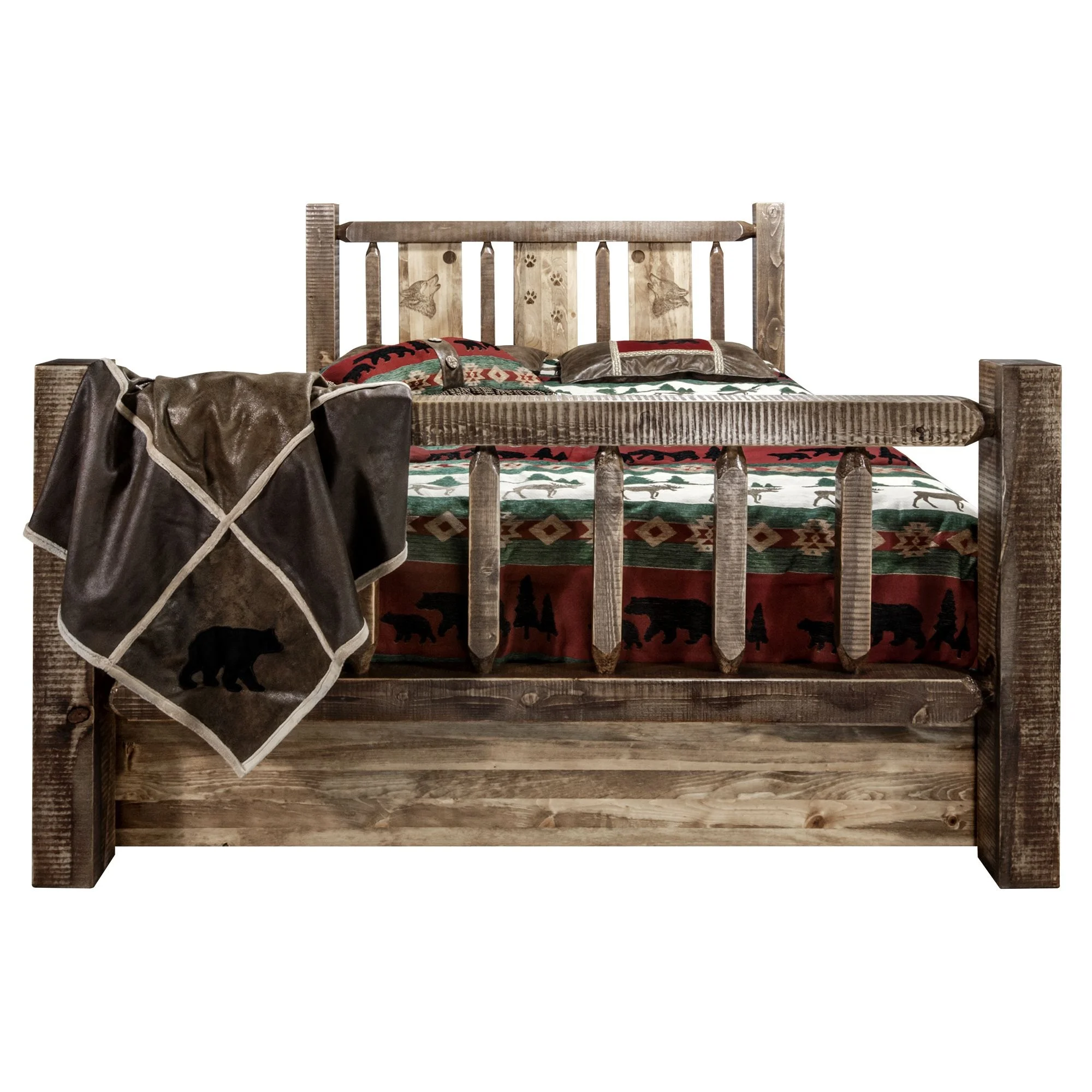 Homestead Collection Twin Storage Bed w/ Laser Engraved Wolf Design, Stain & Clear Lacquer Finish