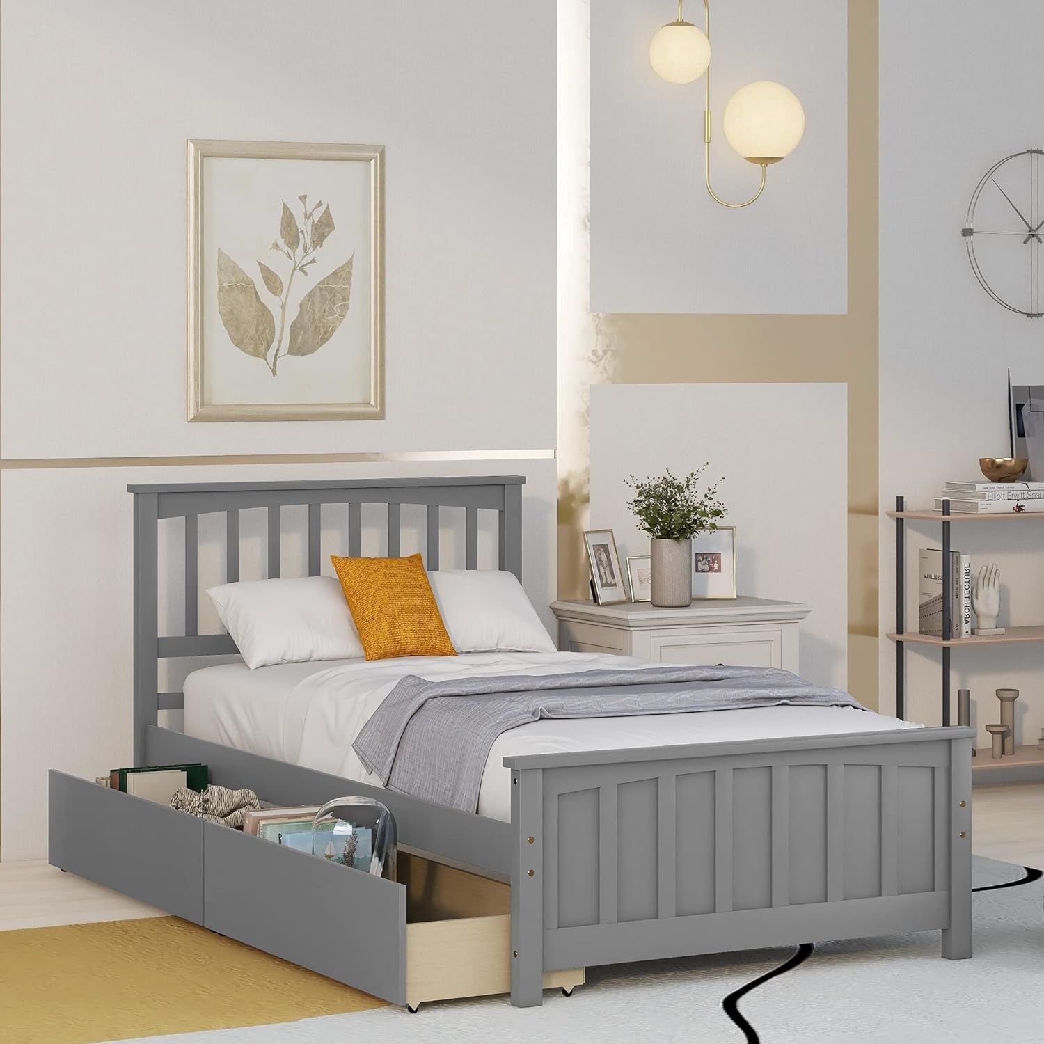 Bed With Drawers Storage Wooden Platform Bed Frame With Headboard Solid Wood Captain Beds For Boys Girls Kids Teens, No Box Spring Needed, Gray