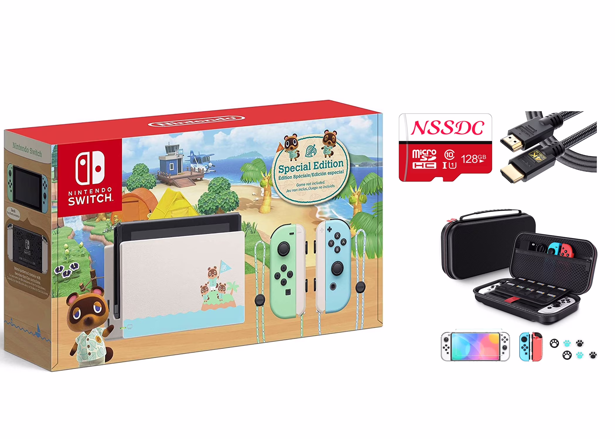 Nintendo Switch Bundle: Nintendo Switch Animal Crossing New Horizons Edition 32GB Console with NSSDC 128GB SD Card, HDMI cable, Nintendo Switch Accessories Portable Travel Carrying Case
