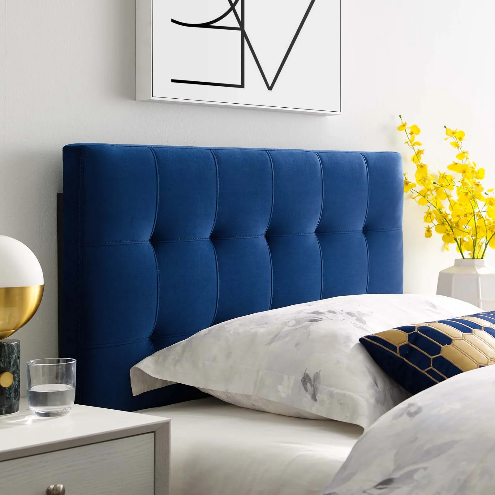Contemporary Modern Urban Designer Bedroom Twin Size Tufted Headboard, Velvet Fabric, Navy Blue