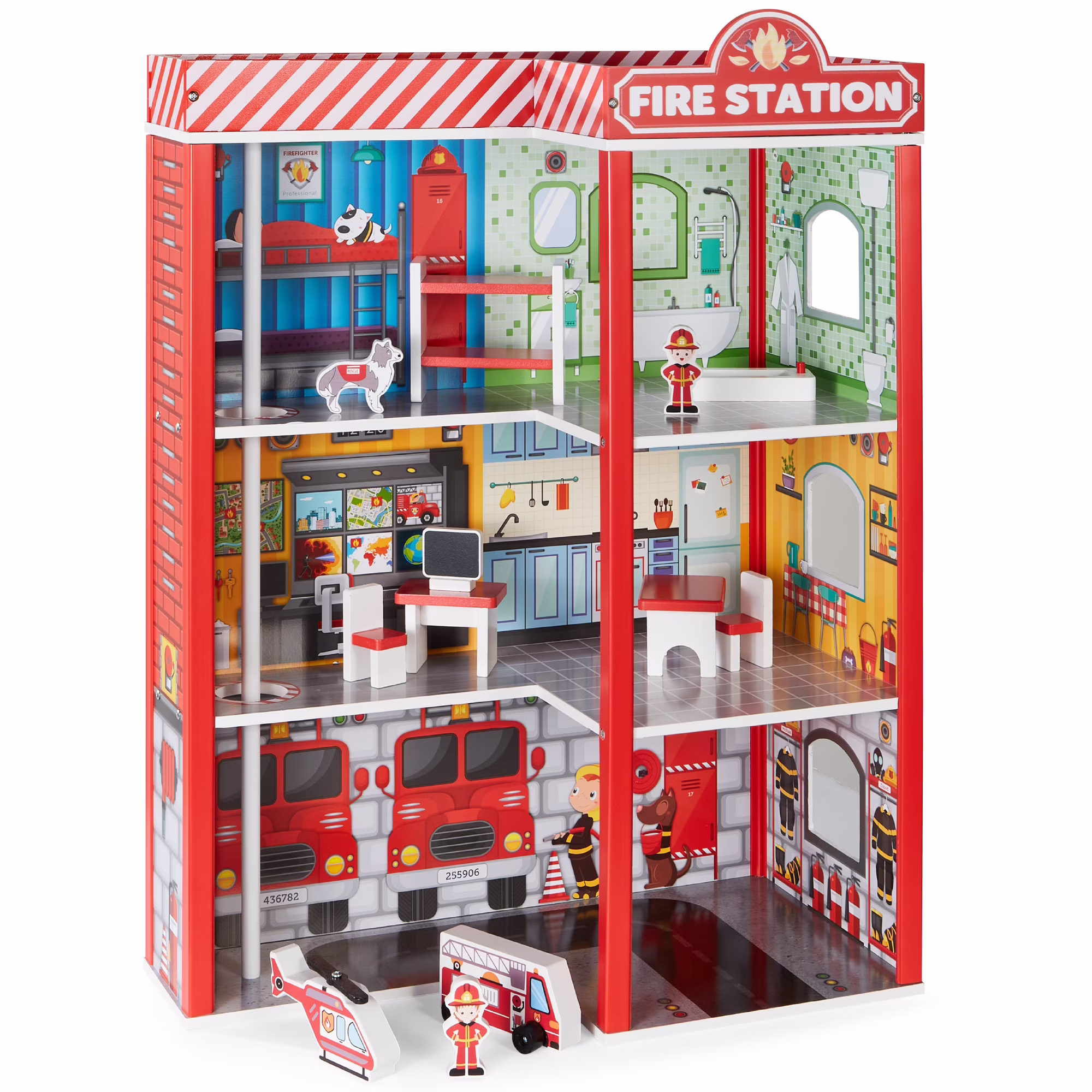 Best Choice Products 32in Kids 3-Story Pretend Wooden Fire Station Play Set Toy, w/ 2 Vehicles, 12 Accessories, 5 Rooms