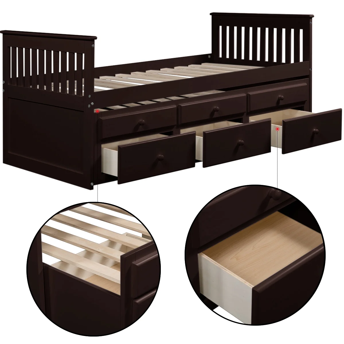Trundle Bed for Kid's Room, Twin Captain's Bed with Trundle and 3 Storage Drawers, Solid Wood Daybed with Headboard and Footboard for Bedroom, Teens, 300lbs, Espresso, SS2593