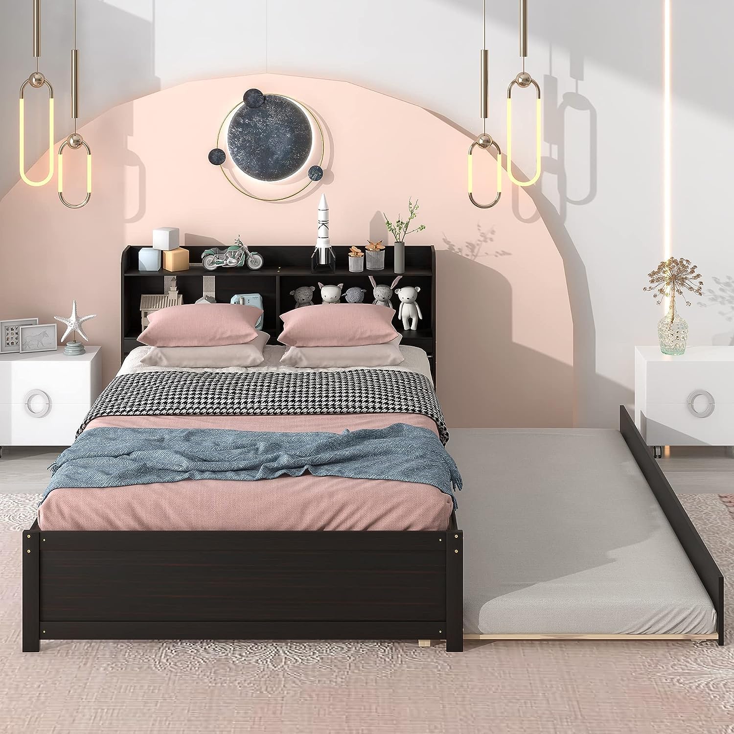 Full Bed Frame With Trundle, Full Trundle Bed With Bookcase Headboard, Wood Full Size Platform Bed With Trundle Bed Under For Kids Girls Boys, Espresso