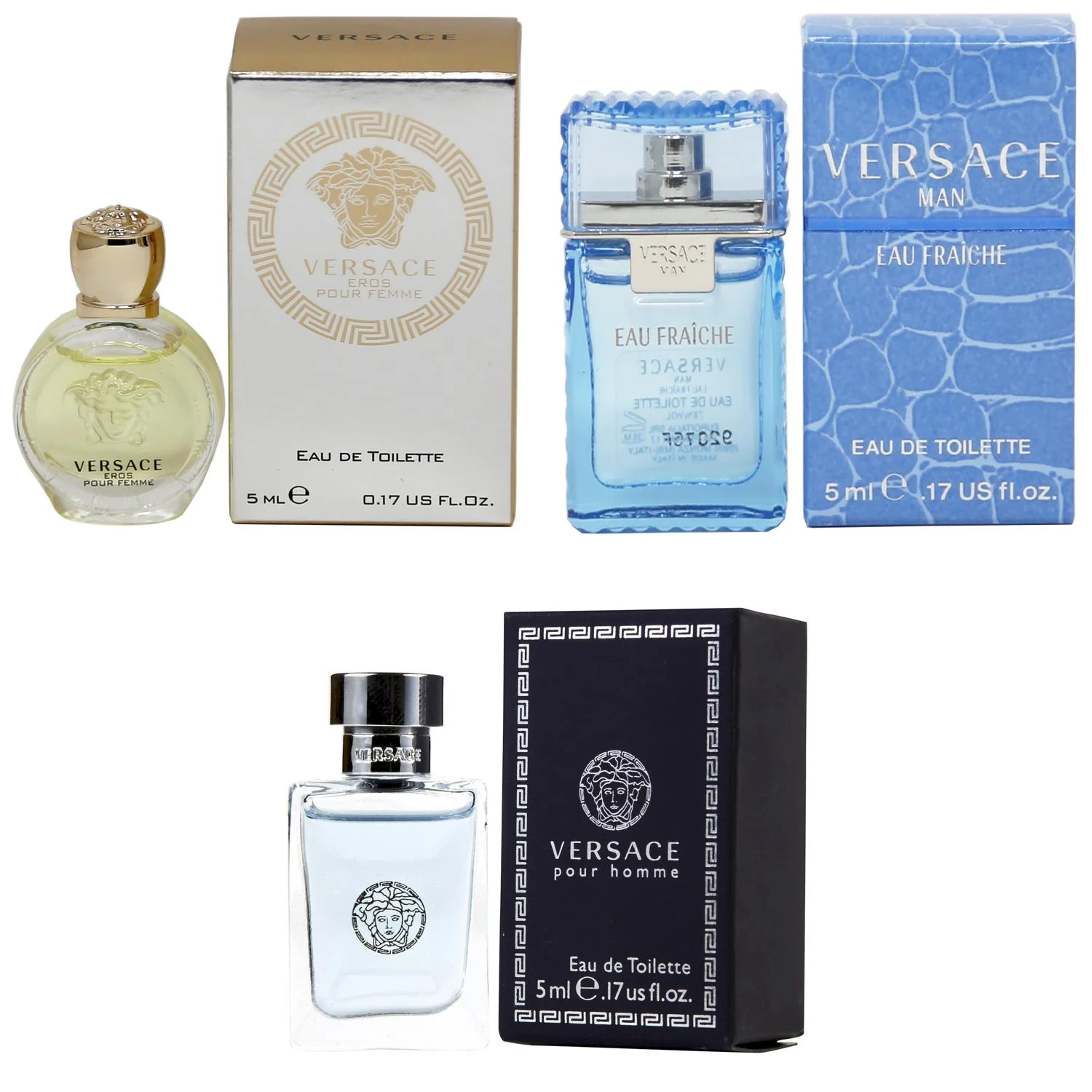 Versace Eros Women EDT, Man Eau Fraiche EDT, Pour Homme EDT - 5ml 3PK Kit