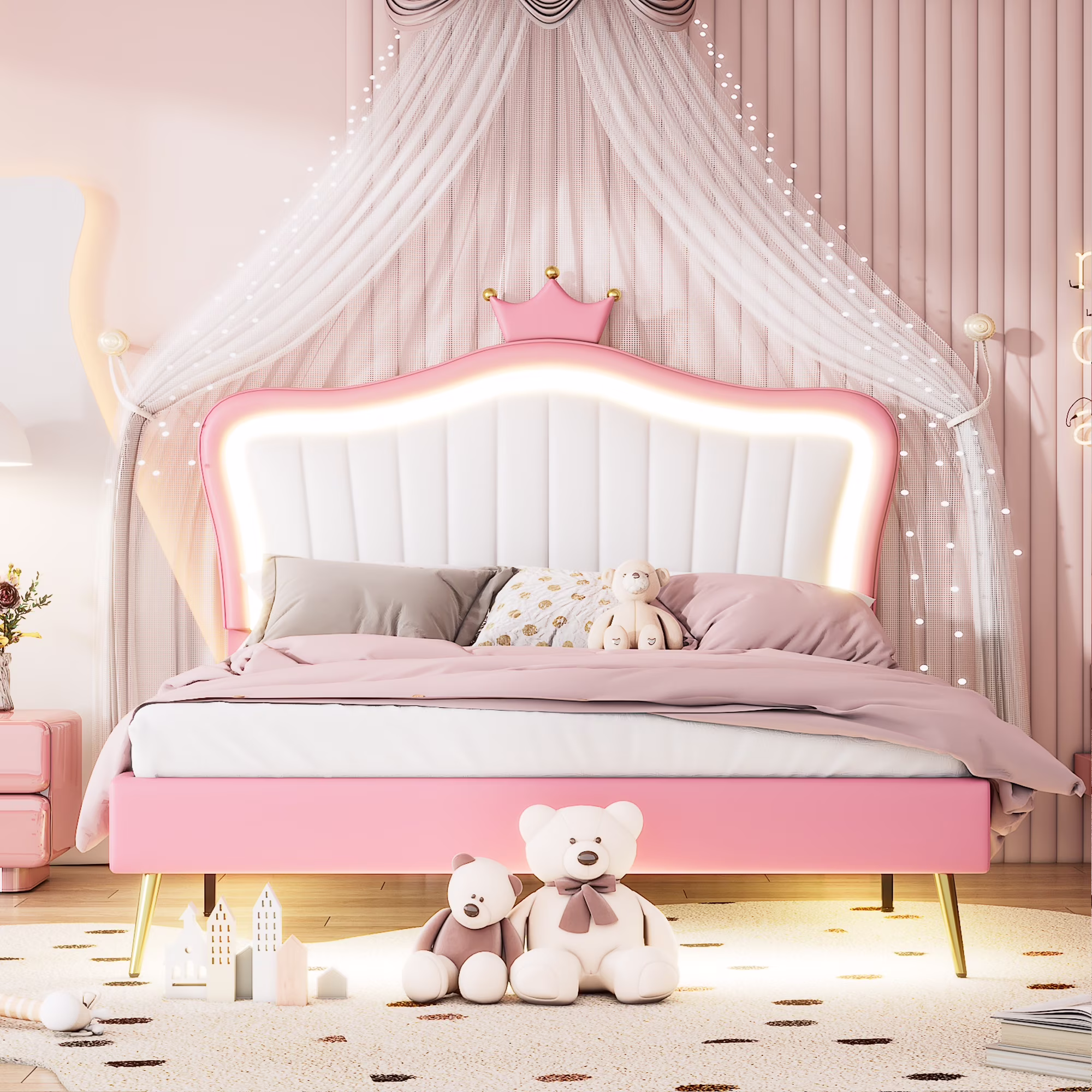 Churanty LED Queen Bed Frame with Crown Headboard, Upholstered PU Platform Princess Beds with Light for Kids Girls,White + Pink