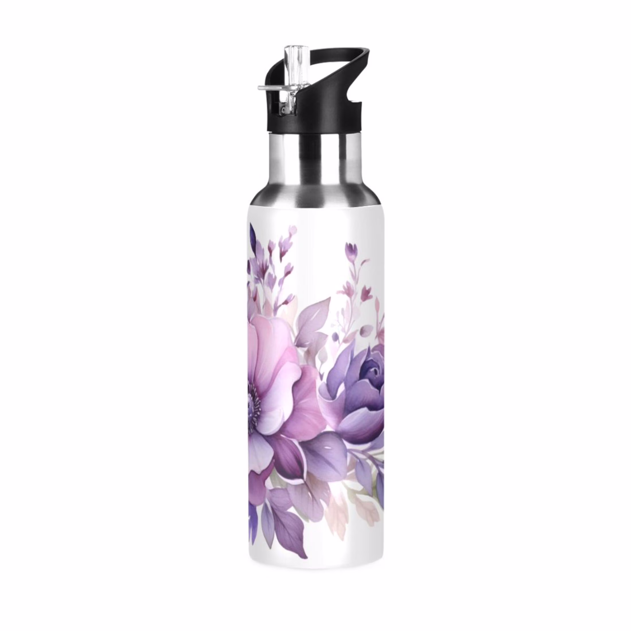 Flowers Purple Water Bottles Insulated Thermos Kids Stainless Steel Bottle with Straw Lid Flask Leakproof for Sports Gym 20 oz