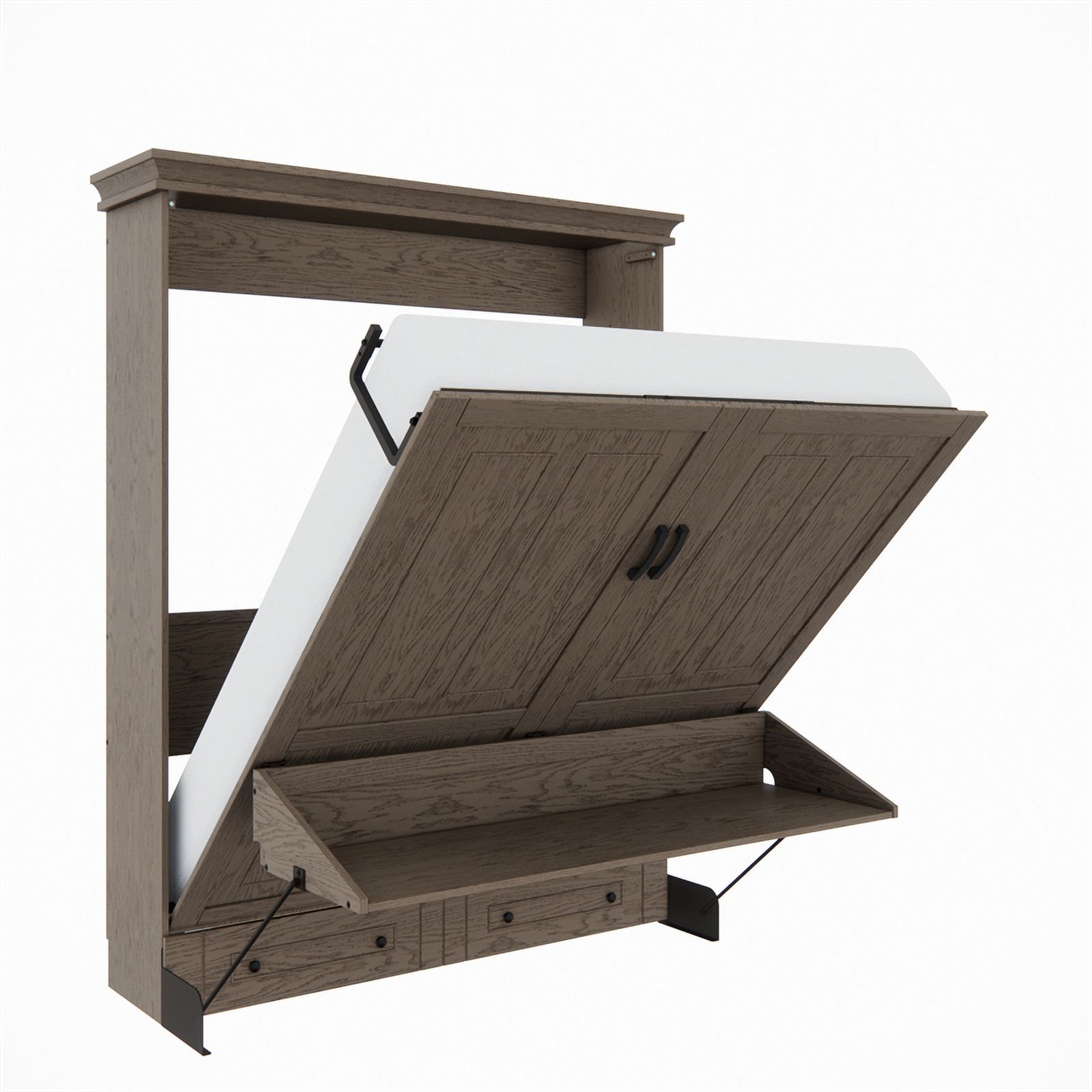 Pemberly Row Transitional Queen Solid Wood Murphy Wall Desk Bed in Gray