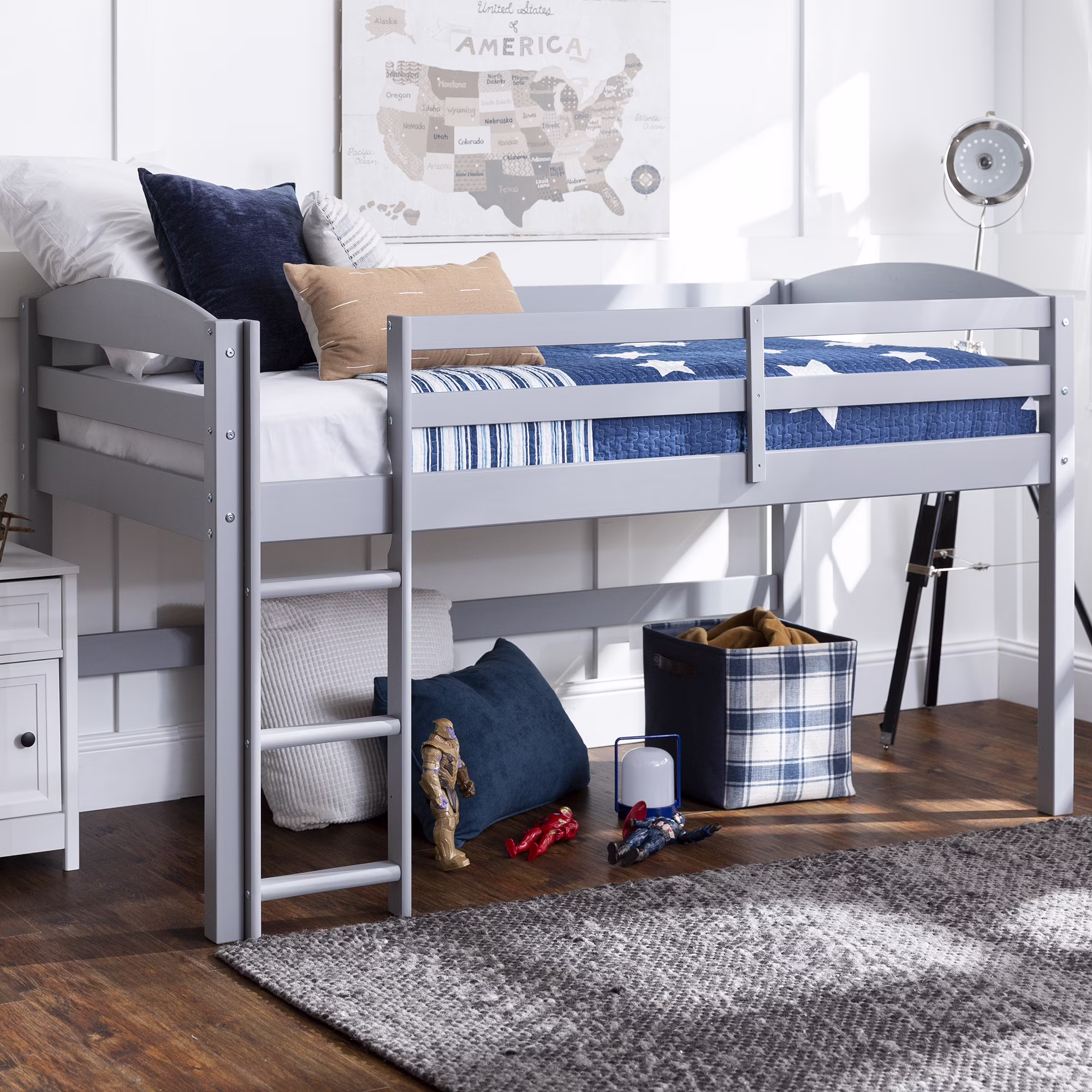 Manor Park Solid Wood Junior Twin Low Loft Bed, Grey