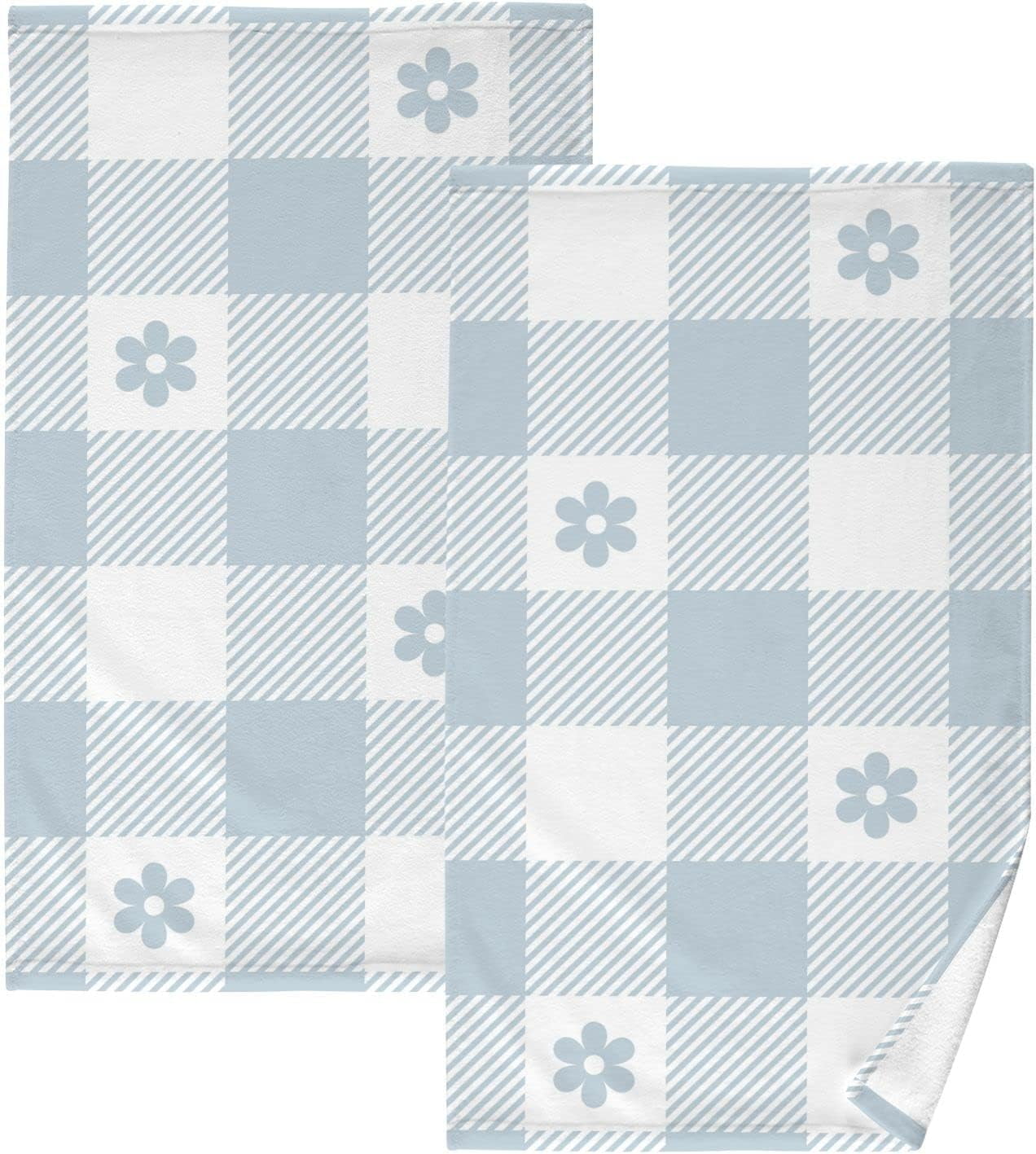 Teal Blue Plaid Flowers Cotton Towels Set 2 Pcs Absorbent Hand Towel Face Towels Kitchen Towels Bath Towels for Bathroom Laundry Room Kitchen 16 x 28 Inches