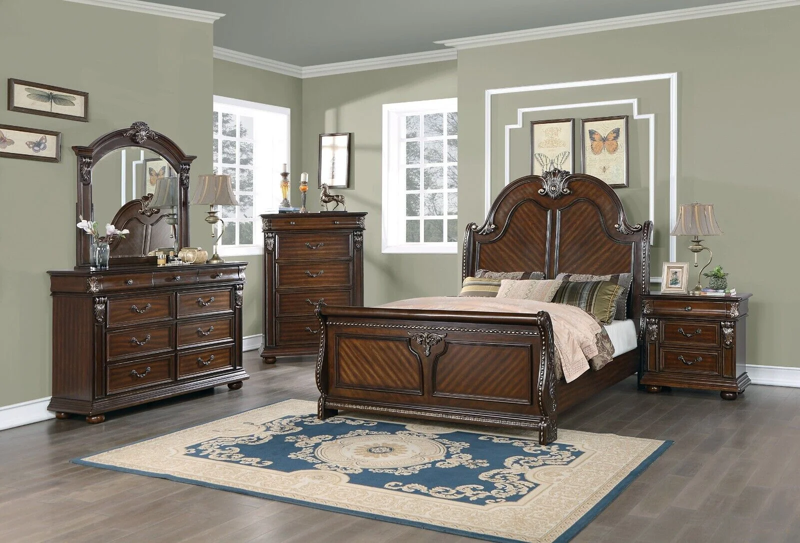 Traditional Formal 4pc Bedroom Set Queen Size Bed Dresser Mirror Nightstand Brown Cherry Finish Wooden Furniture