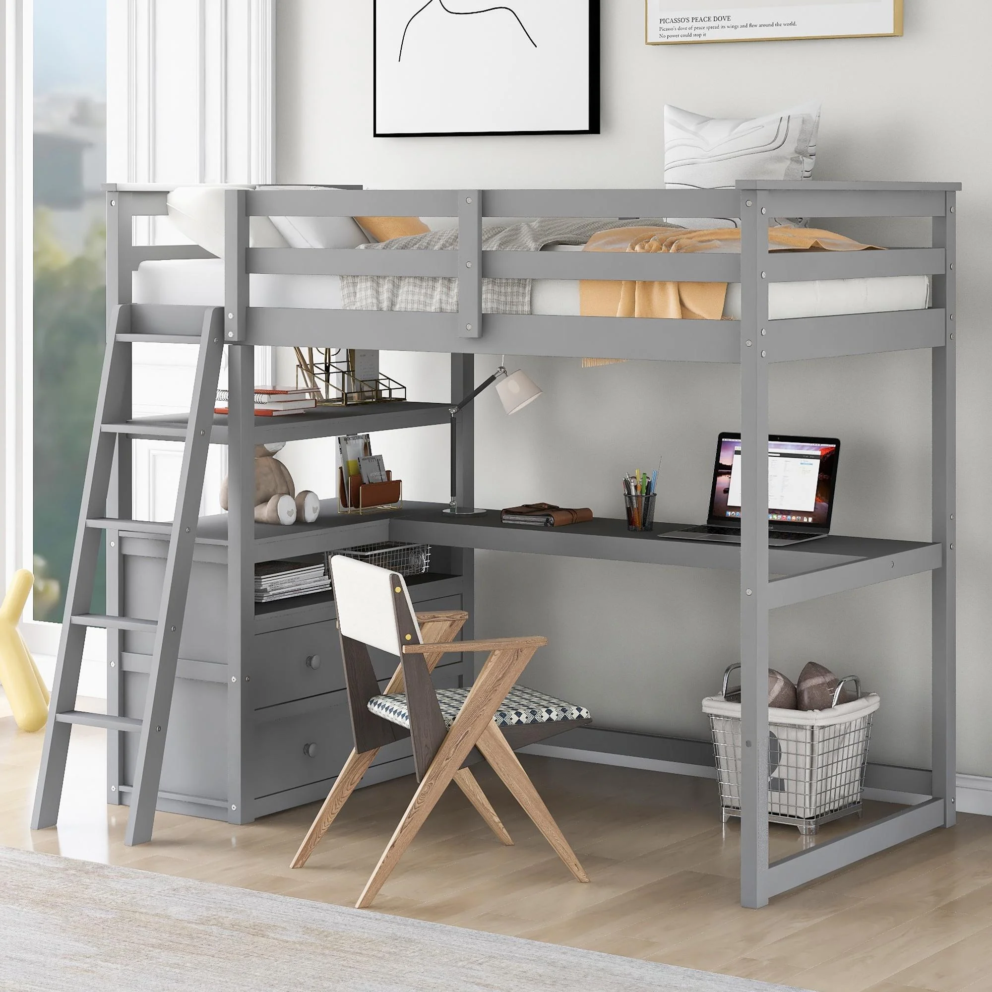 Bellemave Twin Size Loft Bed with Desk and Storage, Wood Loft Bed Frame with Shelves and Built-In Drawers, High Loft Bed for Kids Teens Adults, Gray