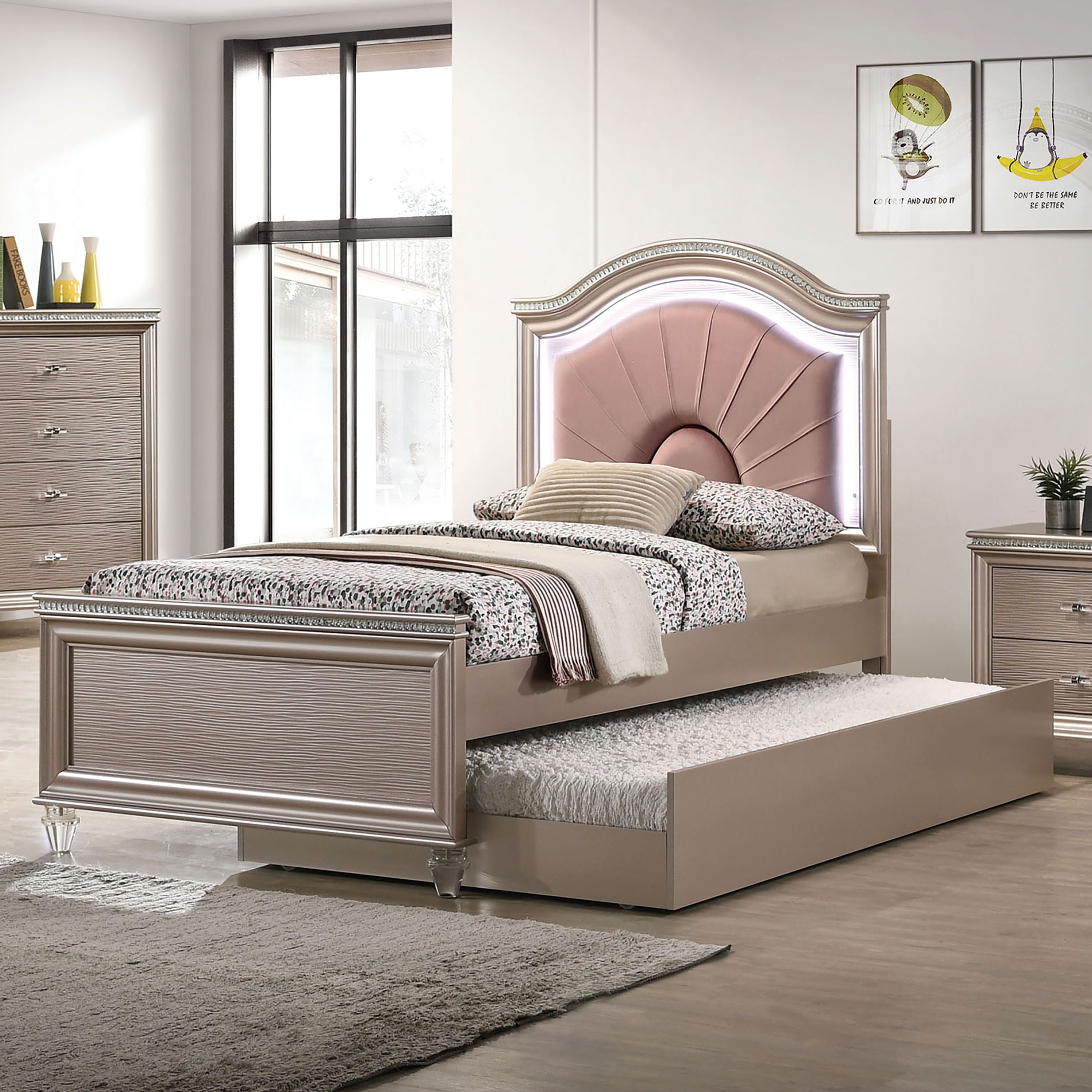 Furniture of America Ving Glam Wood LED Light Youth Panel Bed with Trundle by  Rose Gold Twin