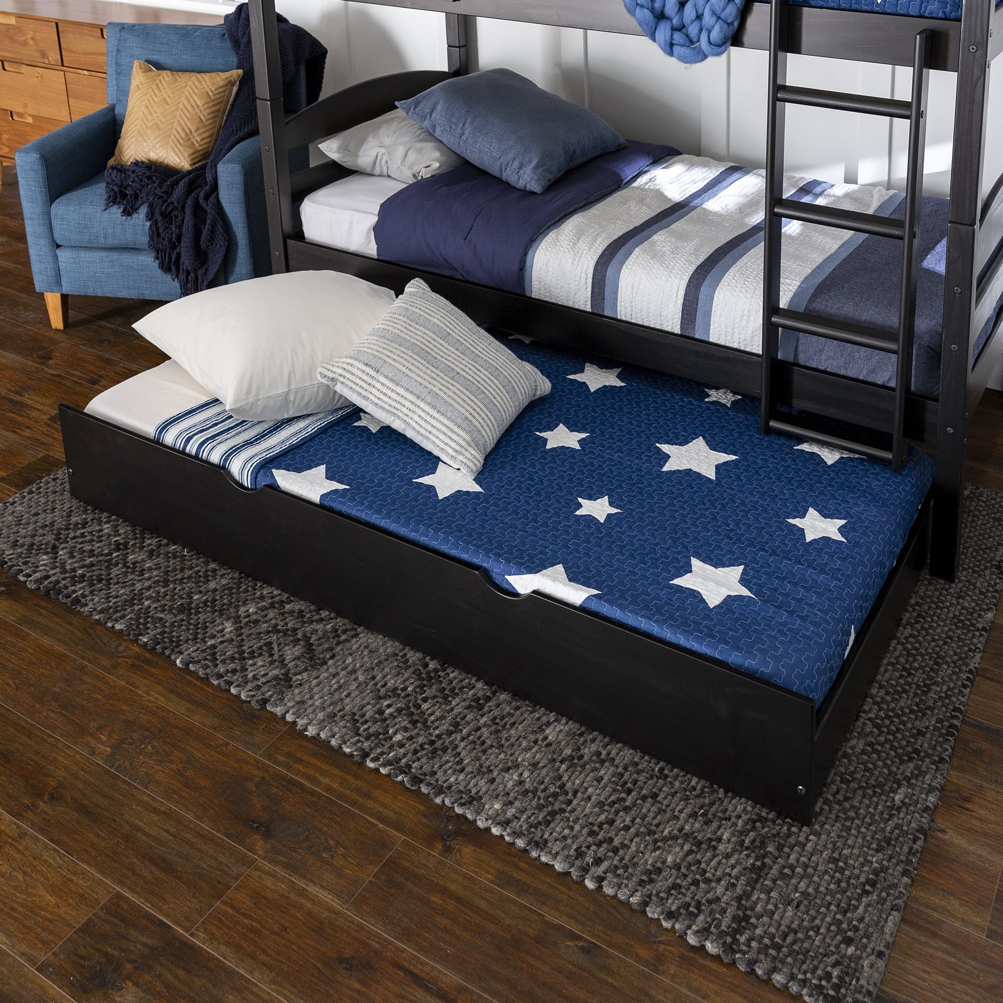 Desert Fields Baneberry Simple Solid Wood Natural Trundle Bed, Black