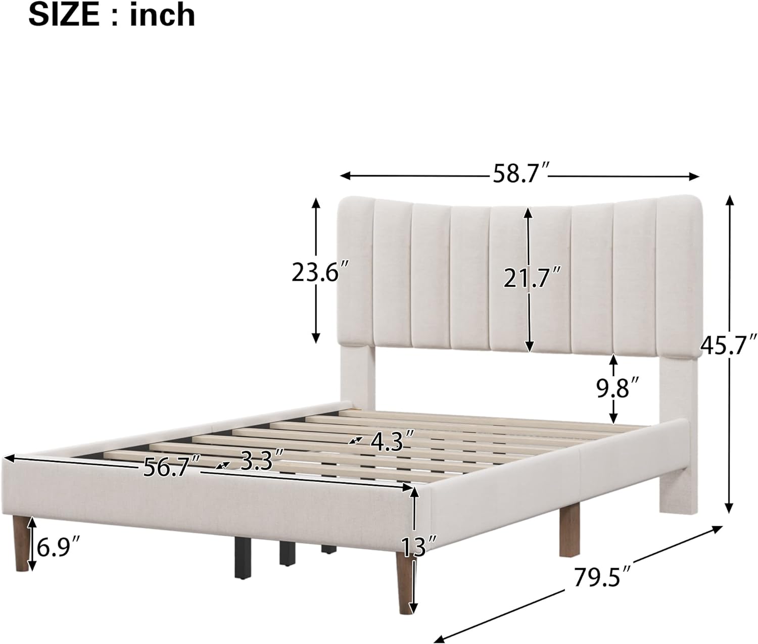 Full Size Platform Bed, Full Upholstered Platform Bed, Modern Solid Bed Frame With Vertical Channel Tufted Headboard, No Box Spring Needed, Cream