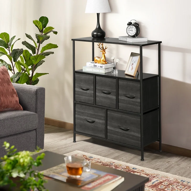 YLCW Dresser for Bedroom with 5 Drawers, Wide Chest of Drawers, Fabric Dresser, Storage Organizer Unit with Fabric Bins for Closet, Living Room, Hallway, Dark Grey
