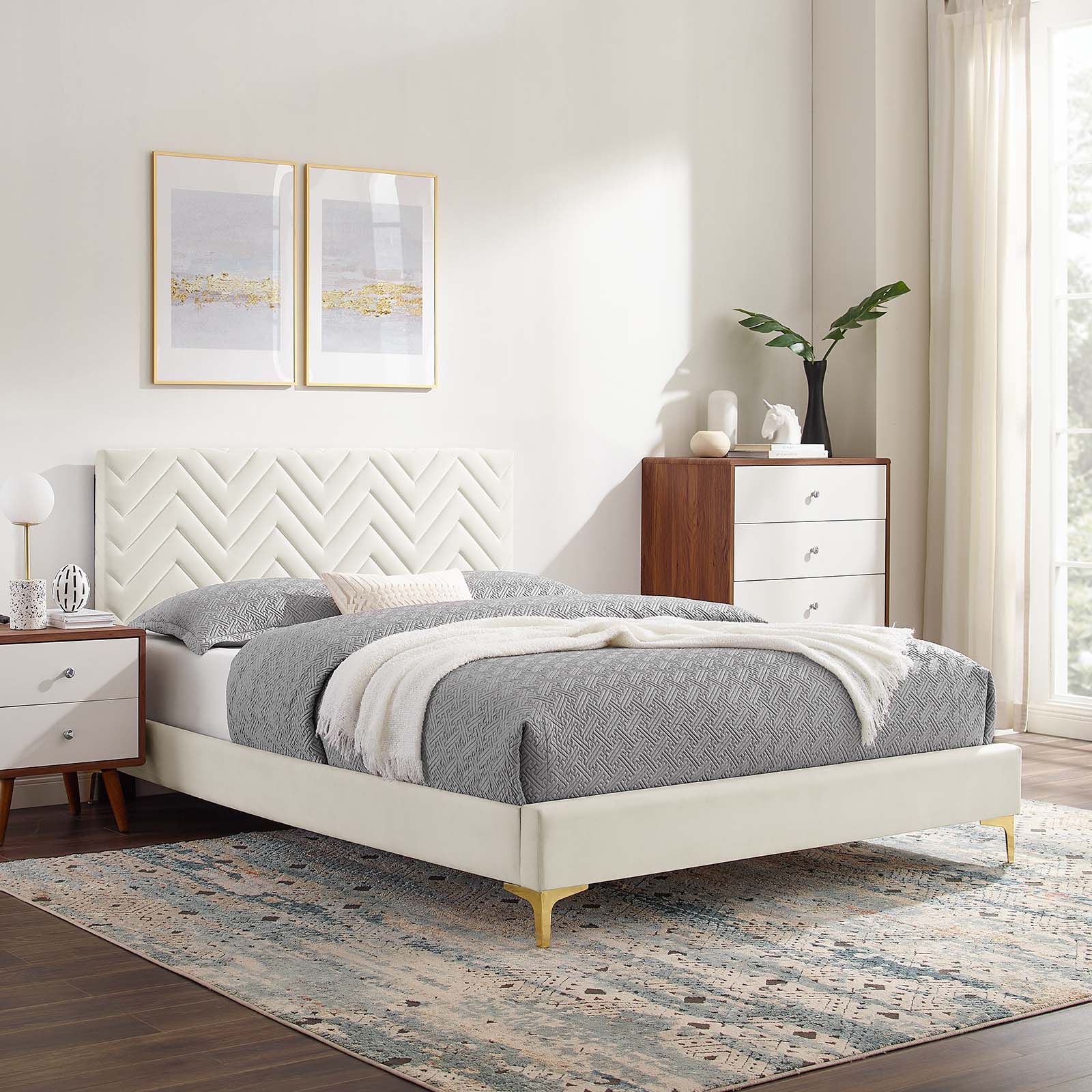 Modway Leah Chevron Tufted Performance Velvet Full Platform Bed in White