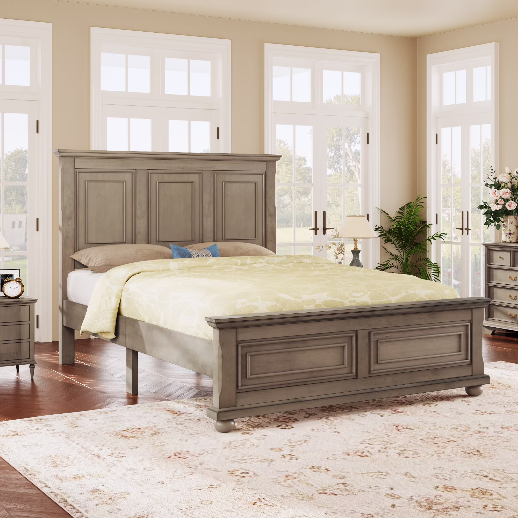 CoSoTower Traditional Town and Country Style Pinewood Vintage Queen Bed, Stone