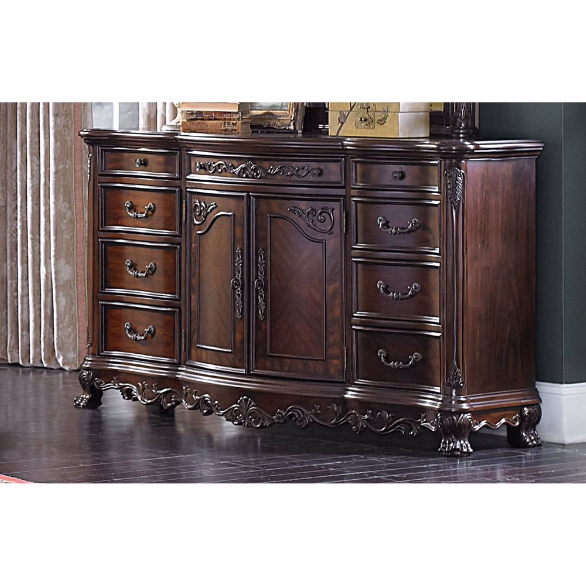 Traditional Style Multistorage Carved Wooden Dresser, Cherry Brown