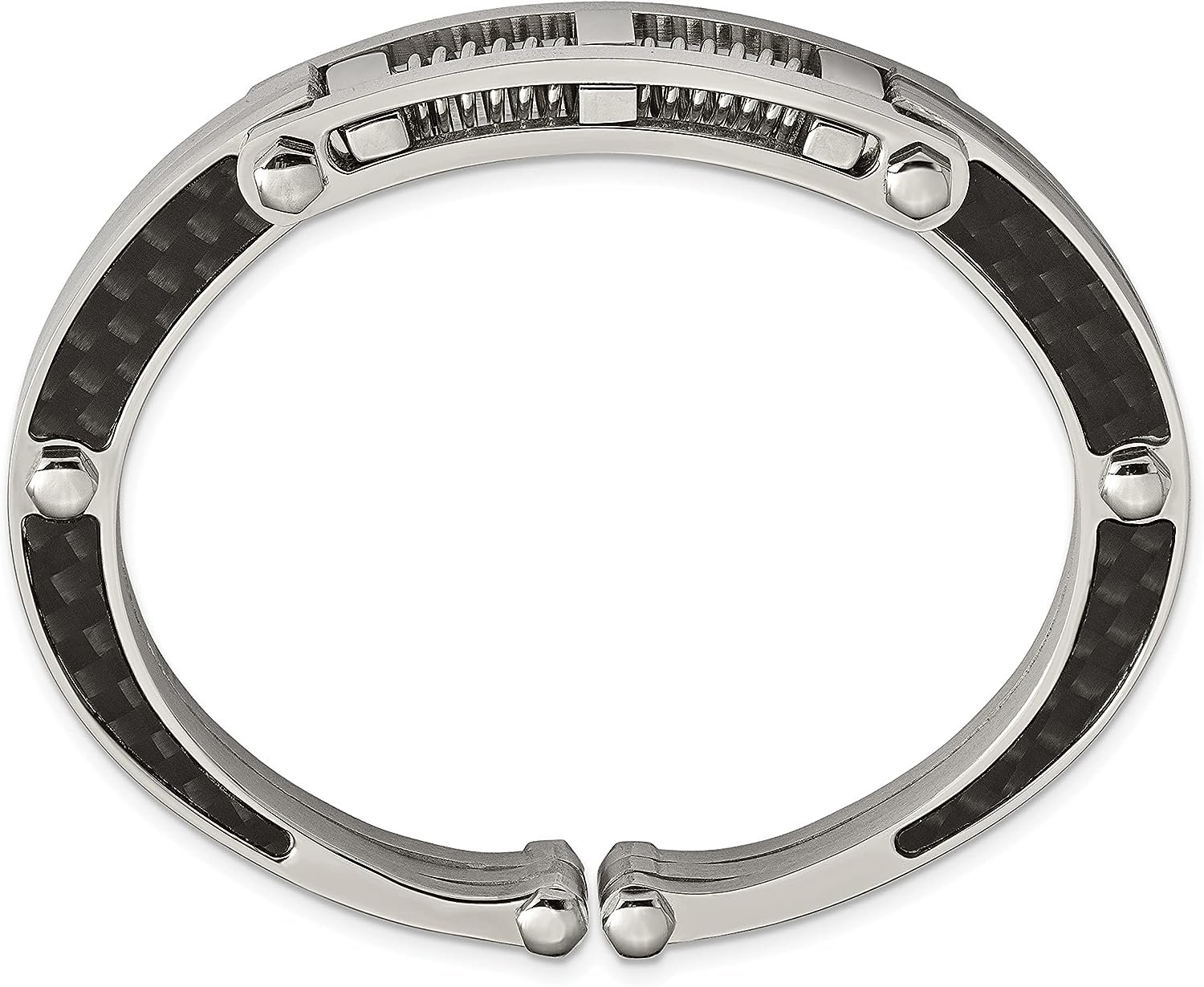 Chisel Stainless Steel Brushed and Polished with Black Carbon Fiber Inlay Hinged Bangle - 7