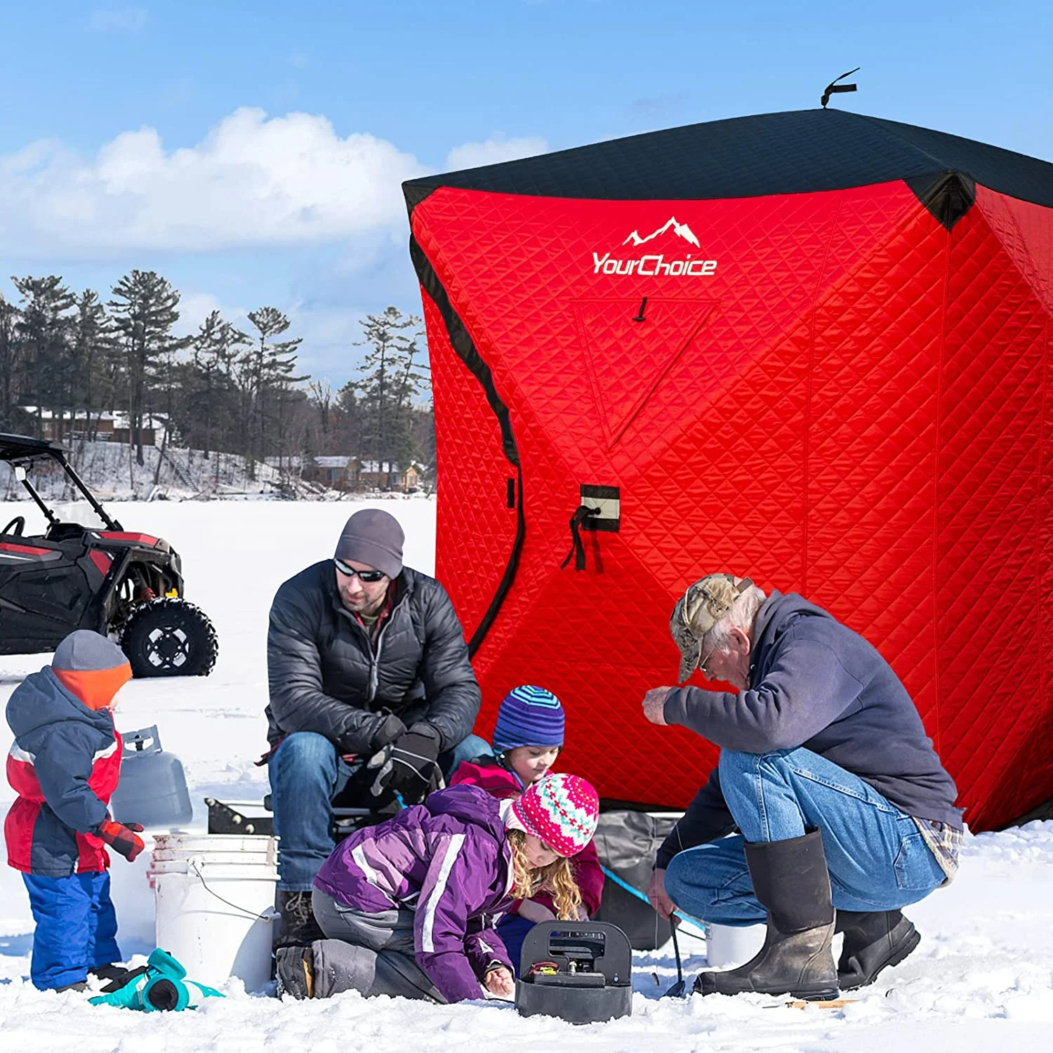 YGDU 3-4 Person Ice Fishing Shelter, Fully Insulated Ice Fishing Shelter, with Insulated Layer to and Ice Fishing Tent, Function Upgrades Ice Fishing Gear and Equipment