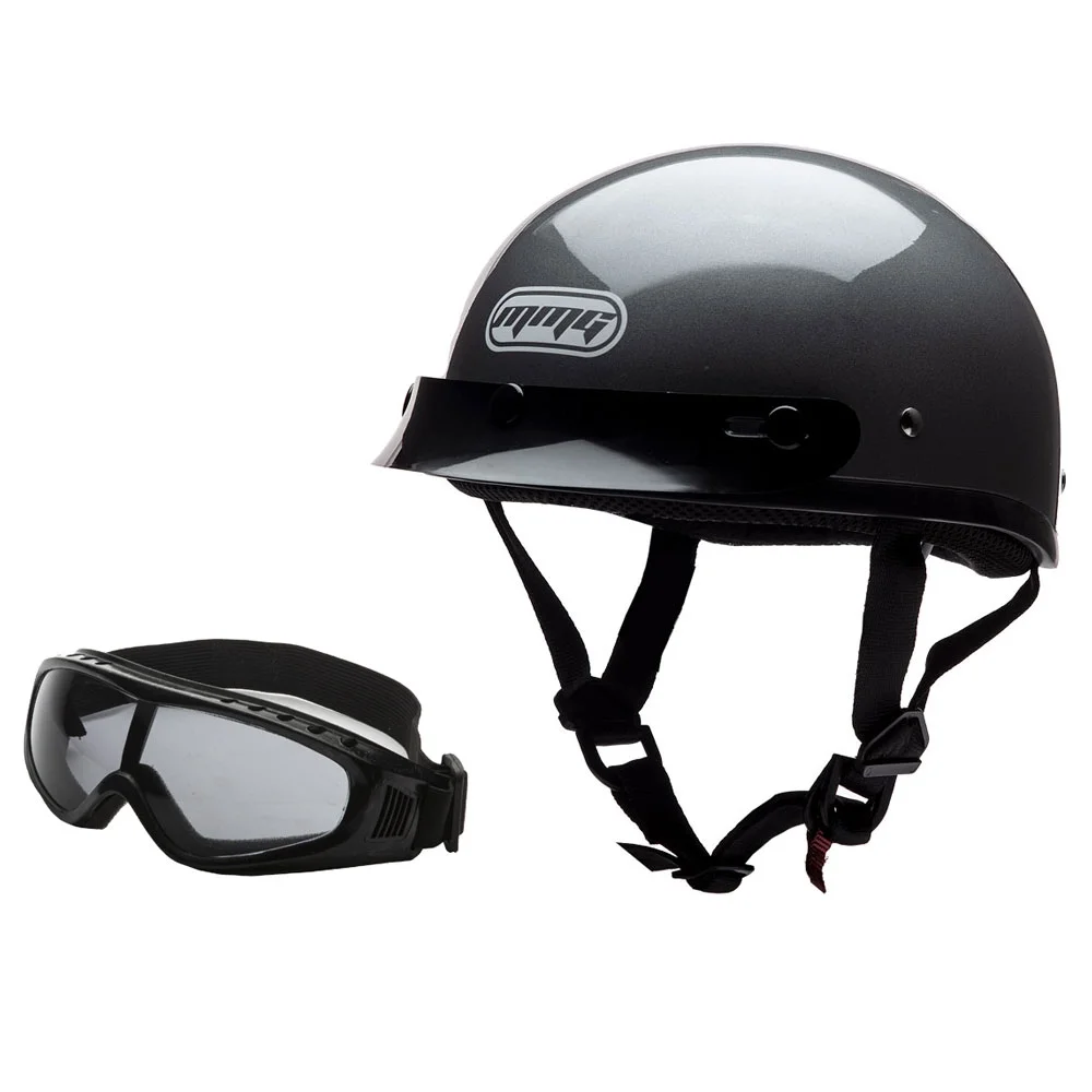 MMG Motorcycle Half Helmet Beanie DOT with goggles Gloss Gray (X-Large) Model 29