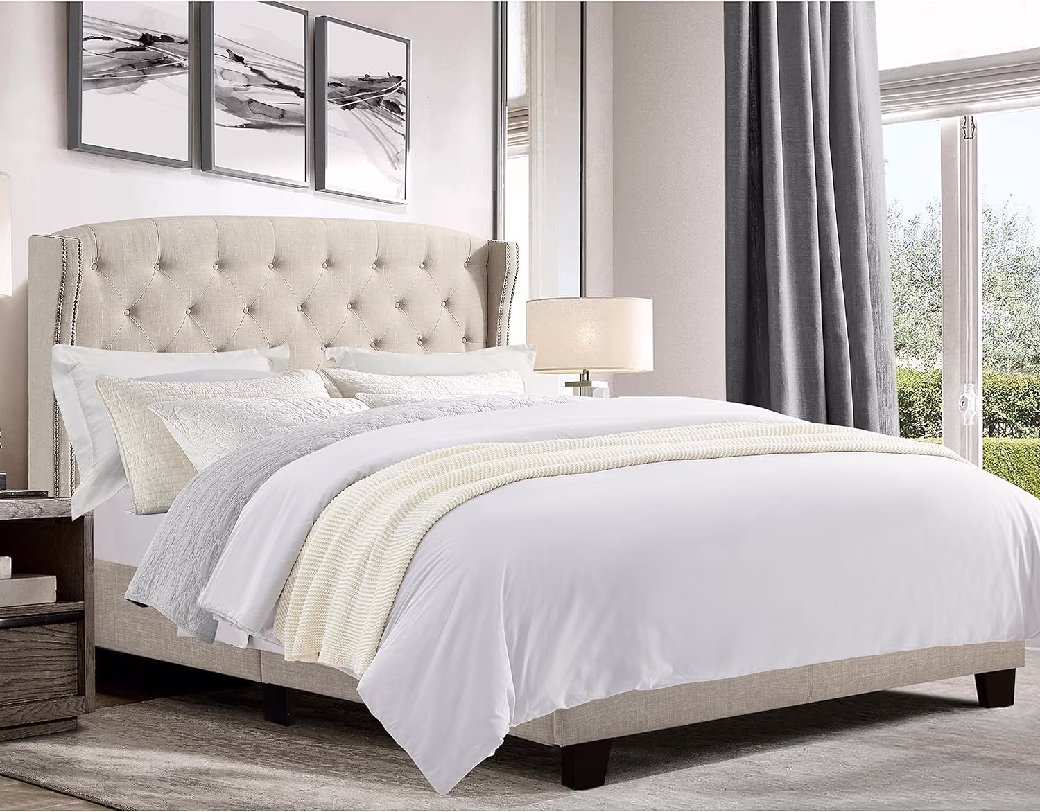 YGDU Padded Platform Bed Frame Bed French, Westerly Bed, Cardiff Bed with Nailhead Trimmed Wingback and Button-Tufted Upholstered Panel Headboard for Bedroom,Twin,Beige