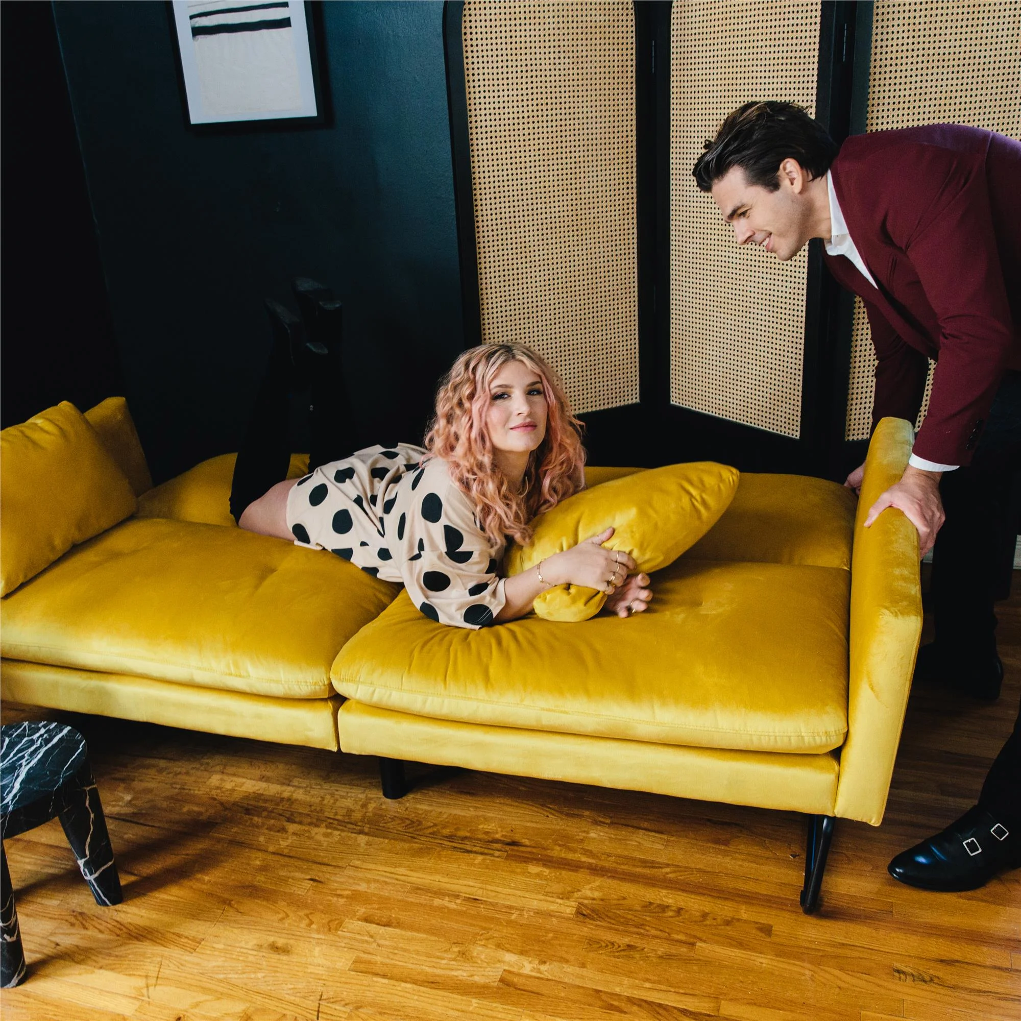 Mr. Kate Neely Futon with Bolster Pillows, Mustard Velvet