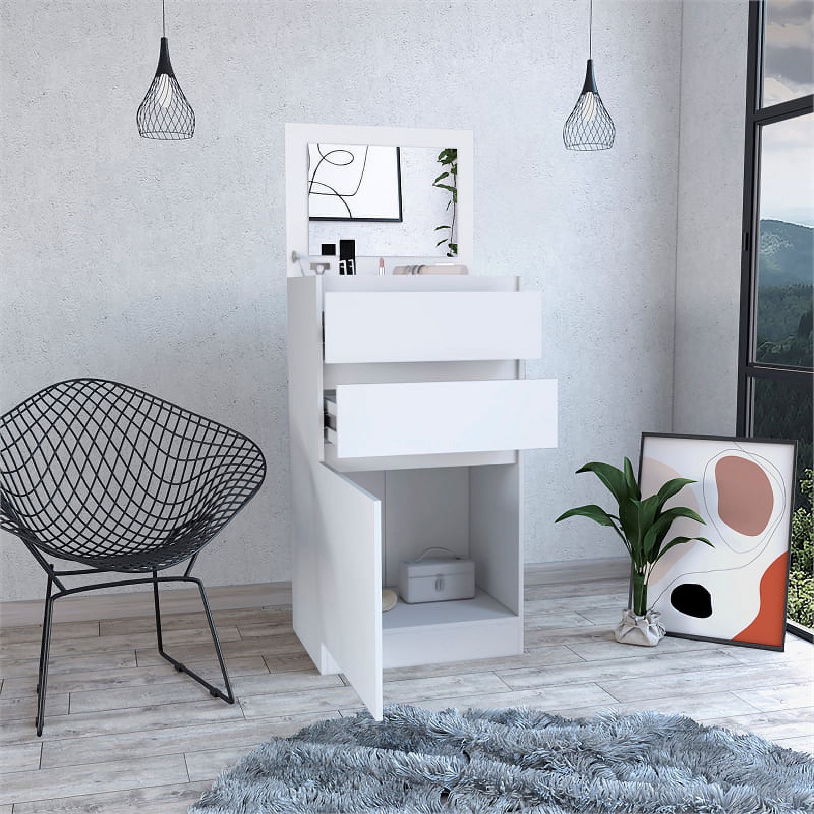 FM FURNITURE Celestial Dresser, Jewelry Box, Mirror, Two Drawers, Single Door Cabinet ,White