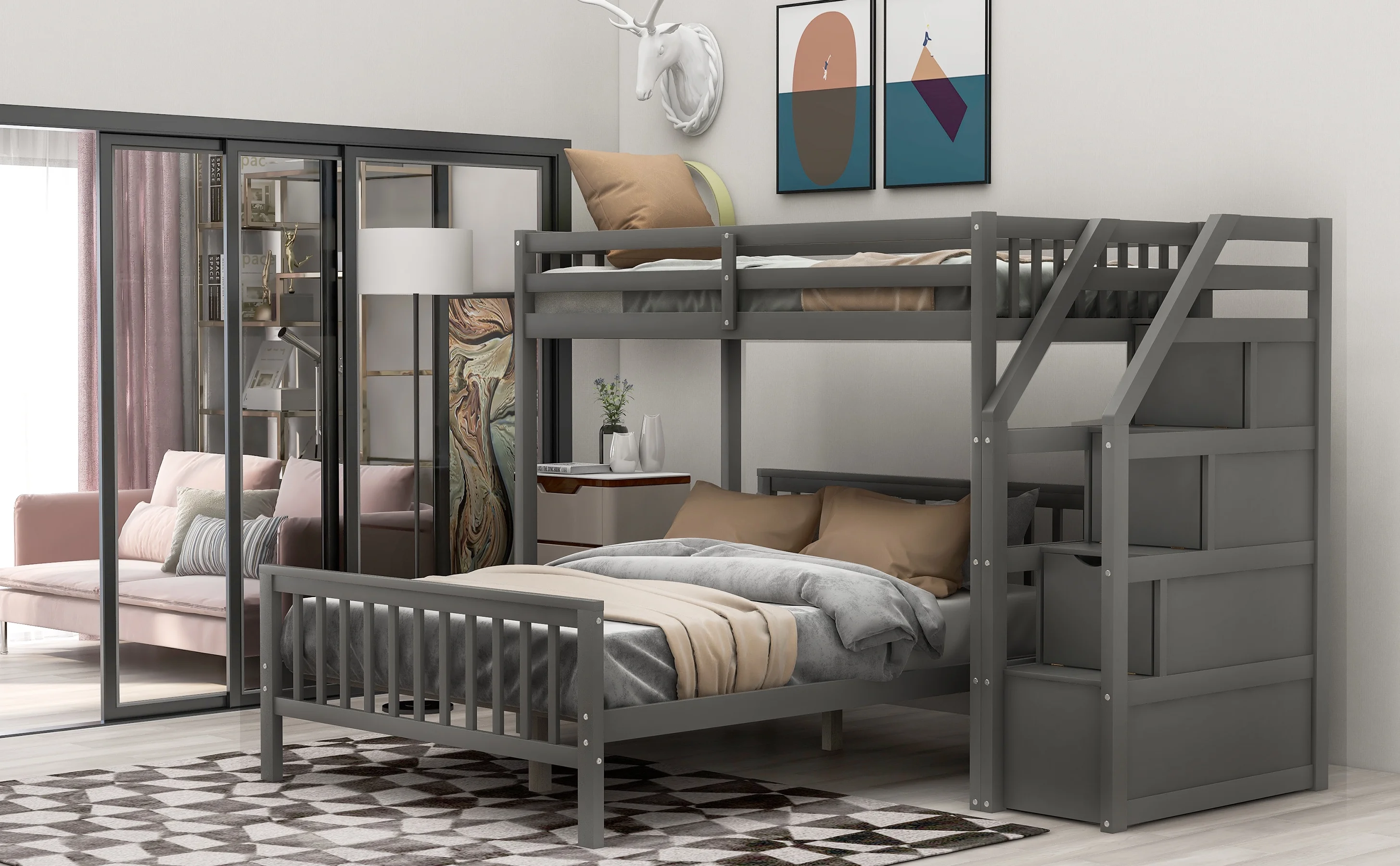Livspace Twin over Full Loft Bed with Staircase,Gray