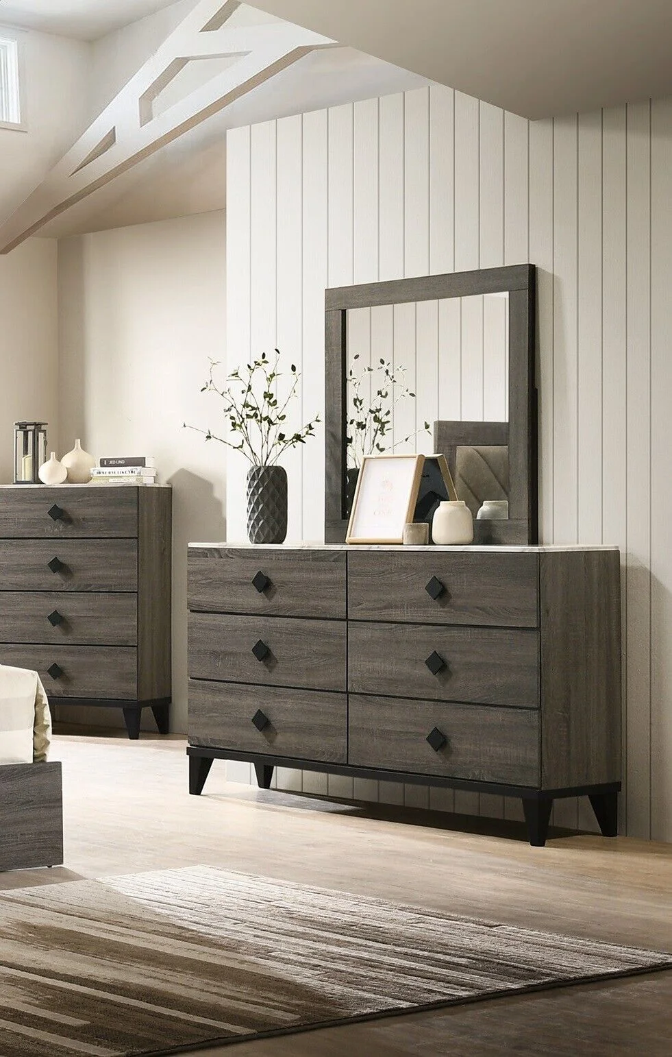 Transitional Style Grey Queen Size Bed 4pc Set Dresser Mirror Nightstand Bedroom Furniture Wooden Upholstered HB
