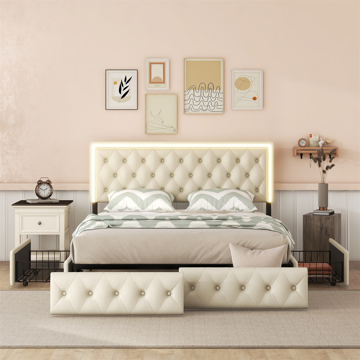 Queen Bed Frame with 4 Drawers, Upholstered Bed Frame Queen Size, Queen Size Bed Frame with Headboard, Queen Bed Frame with Storage, No-Noise, Easy Assembly, Beige