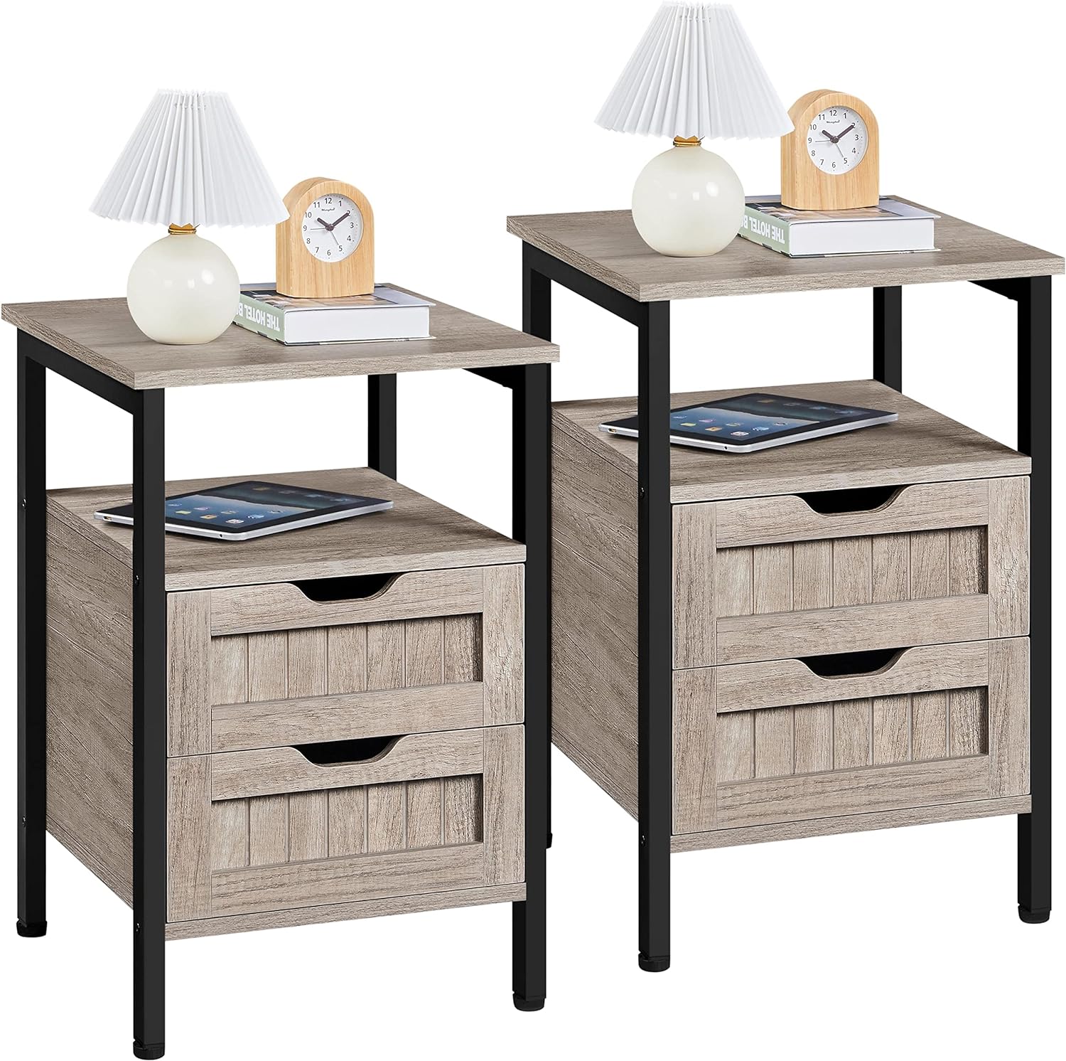 2PCS Nightstands, Wood Bedside Table with 2 Drawers & Open Shelf, Set of 2 Bedside Storage Cabinet Sofa Side Table End Table with Steel Frame for Bedroom/Small Space, Gray