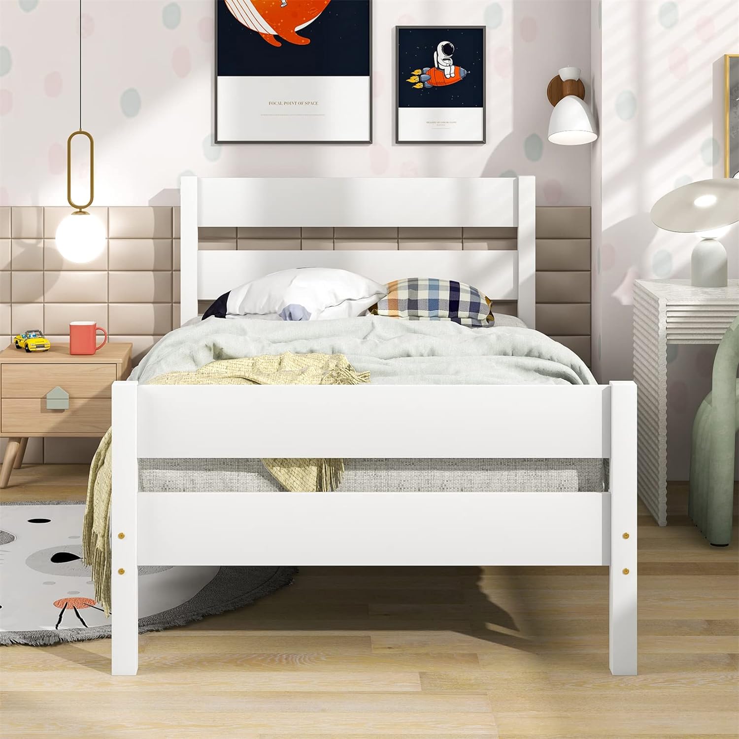Bed Frame Wood Size Platform Bed With Headboard And Footboard Wooden White Bed Frame For Kids Boys Girls Teens, Slat Supports, No Box Spring Needed