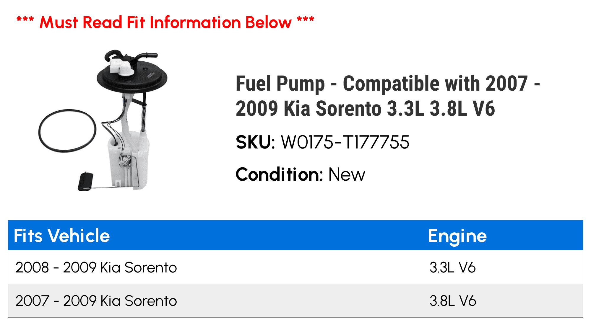 Fuel Pump - Compatible with 2007 - 2009 Kia Sorento 3.3L 3.8L V6 2008