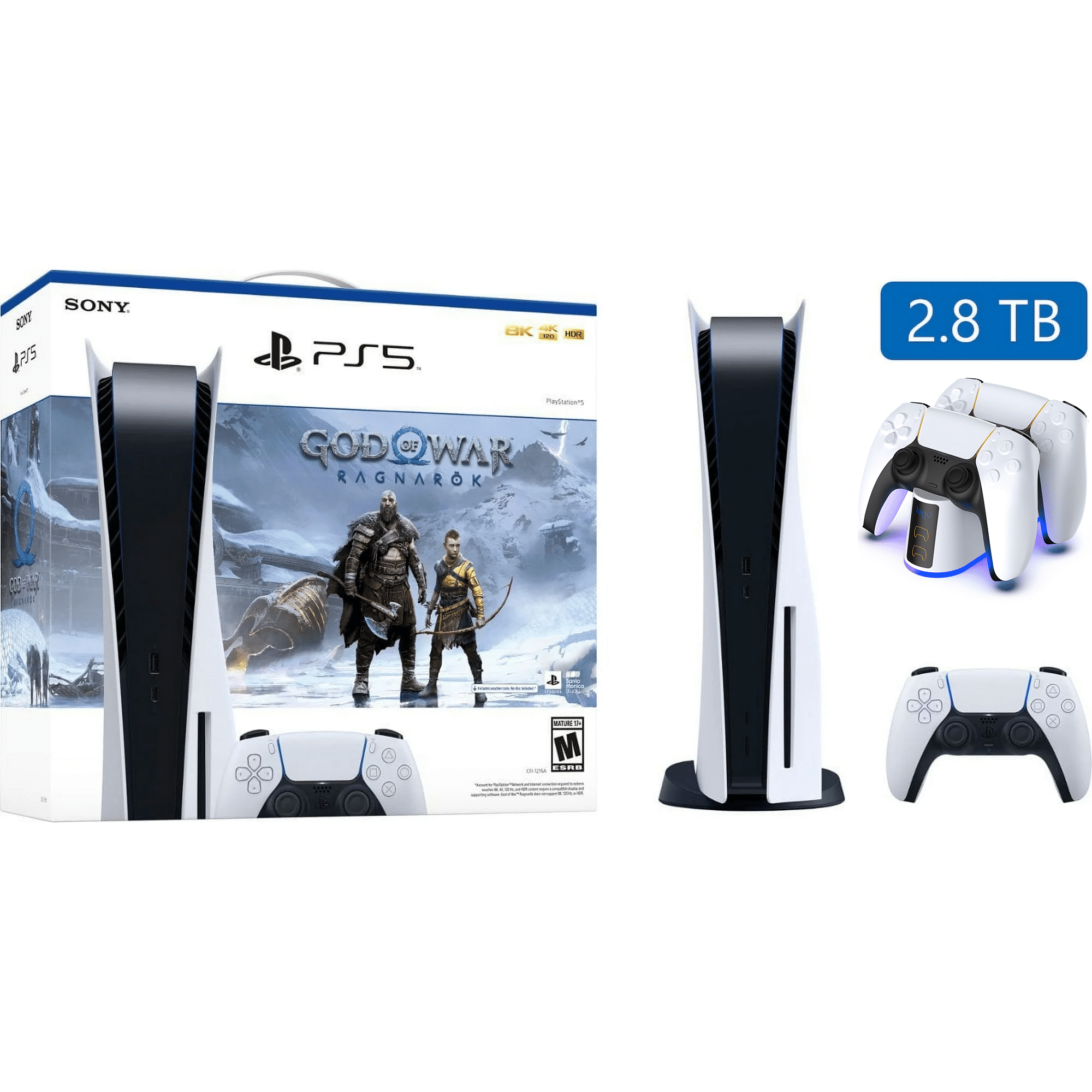 PlayStation_PS5 Video Game Console (Disc Edition) - God of War Ragnarök Bundle - Upgraded 2.8TB PCIe Gen 4 NVNe SSD Gaming Console, Cefesfy Controller Charging