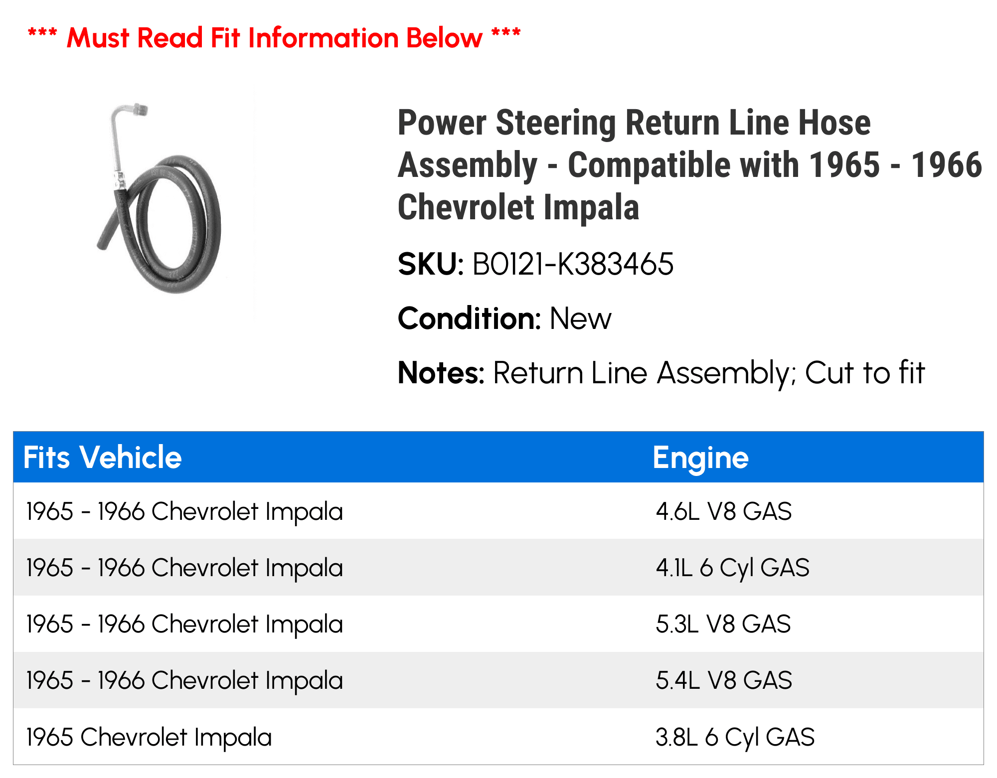 Power Steering Return Line Hose Assembly - Compatible with 1965 - 1966 Chevy Impala