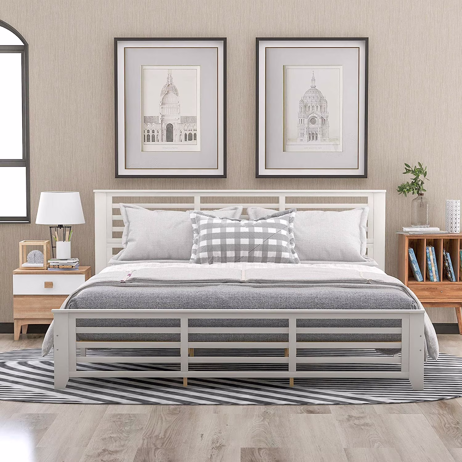 King Size Platform Bed Frame,Wood Platform Bed With Headboard And Footboard,King Bed Frame With Slat,No Box Spring Needed, White