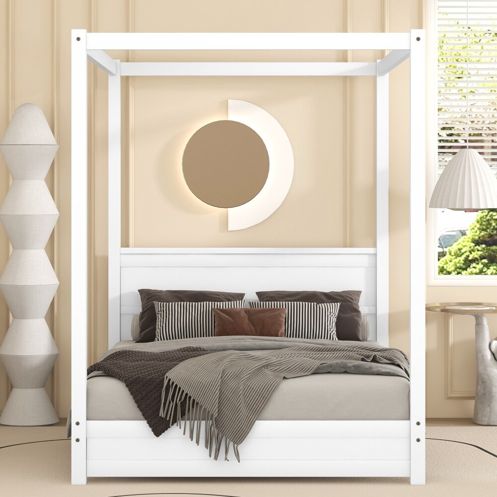 Canopy Platform Bed with Headboard and Support Legs White Queen