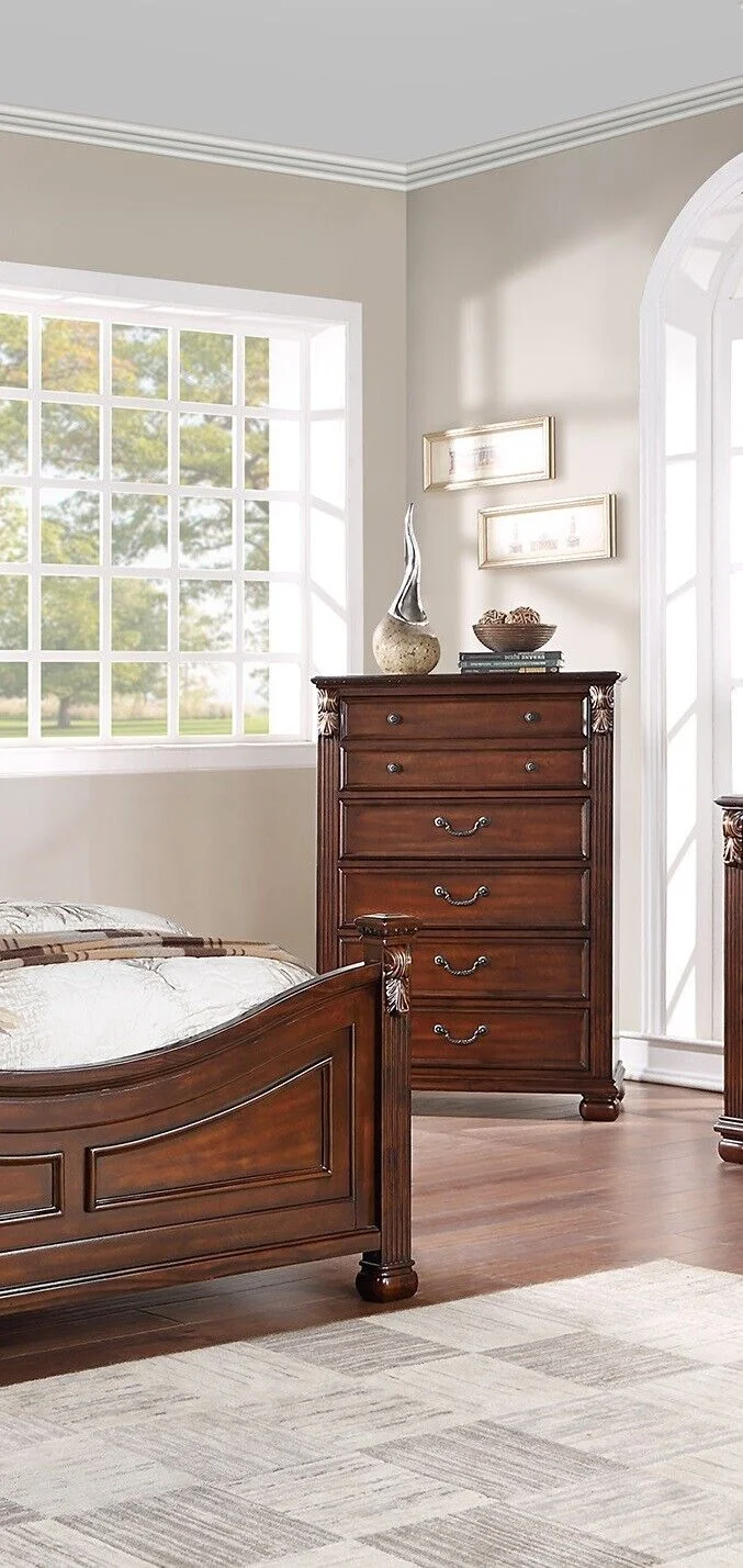 Royal Classic Traditional Eastern King Bed Dresser Mirror Chest Brown Finish 4pc Set Bedroom Furniture Gorgeous Headboard