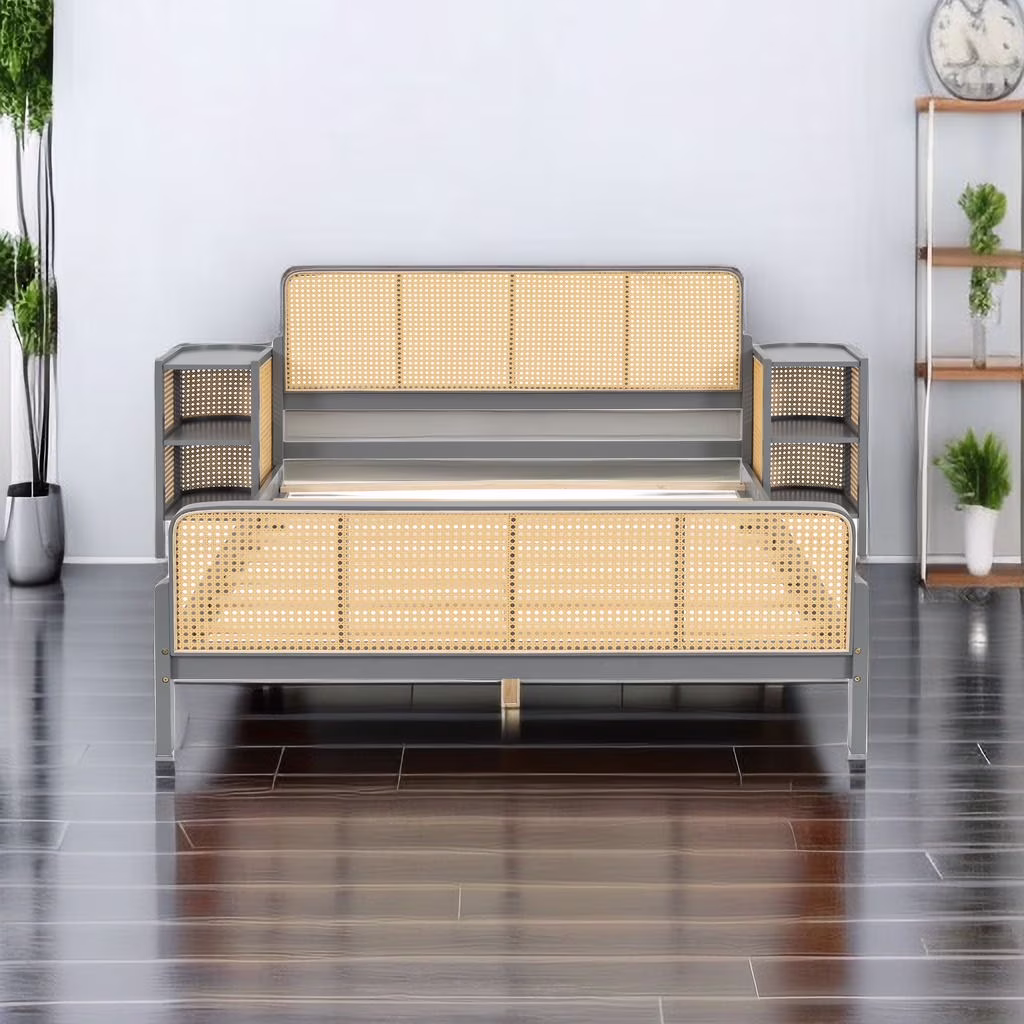 3 Pieces Rattan Platform Bed with 2 Nightstands,Full Size Platform Bed with Headboard and Footboard,Rustic Bed Frame with Solid Wood Legs,Easy Assemble,Bed Full Size for Adults,Teens,Kids