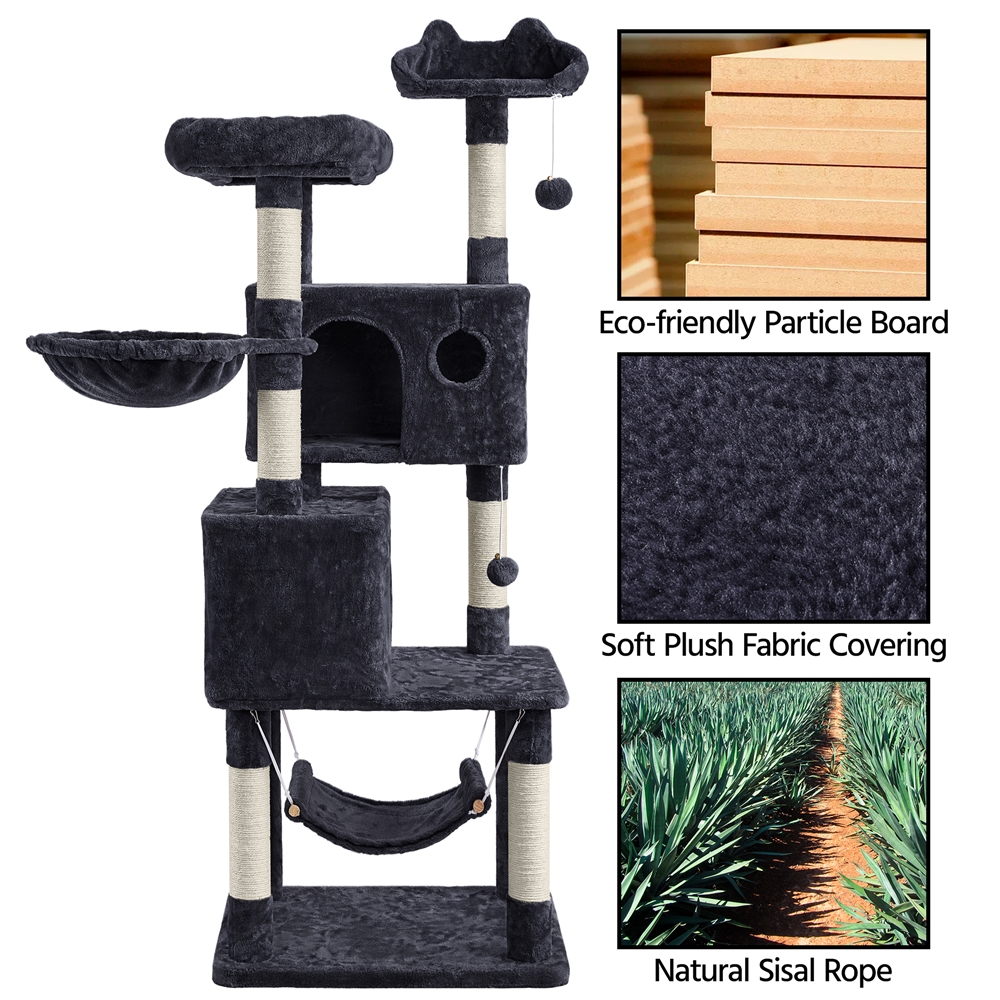 Topeakmart 64.5in Multi-level Large Cat Tree Condo Tower with Hammock Scratching Posts & Hammock, Black