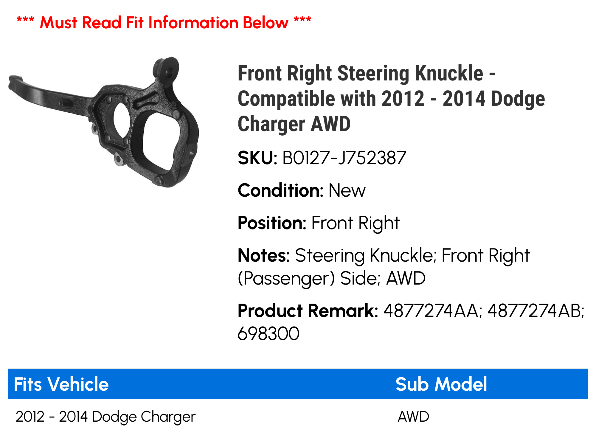 Front Right Steering Knuckle - Compatible with 2012 - 2014 Dodge Charger AWD 2013