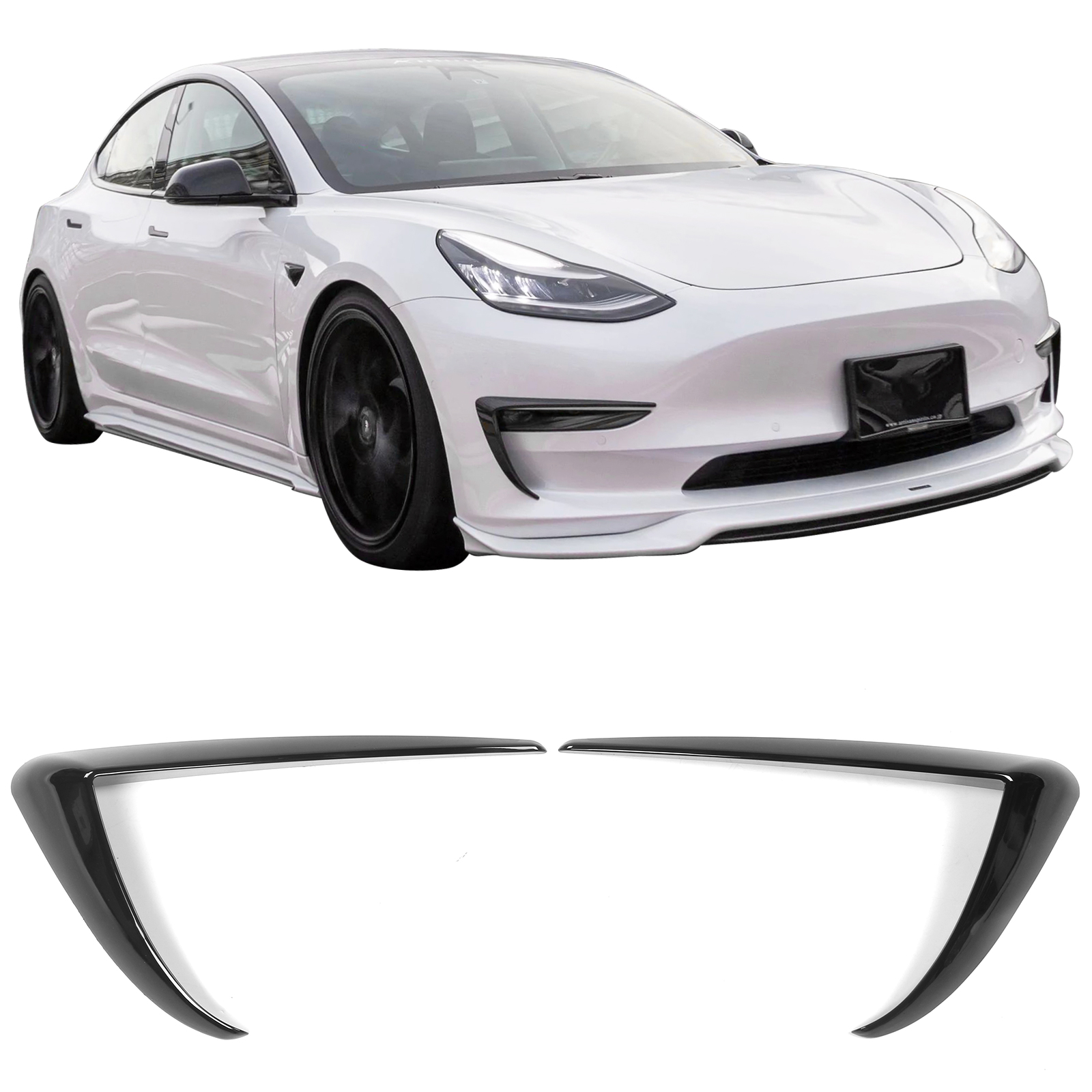 Ikon Motorsports Fog Light Trims Compatible With 2017-2023 Tesla Model 3 Gloss Black IKON Style ABS Plastic Driver Passenger Side Fog Lamp Decoration Accessories Eyebrows Cover 2PC
