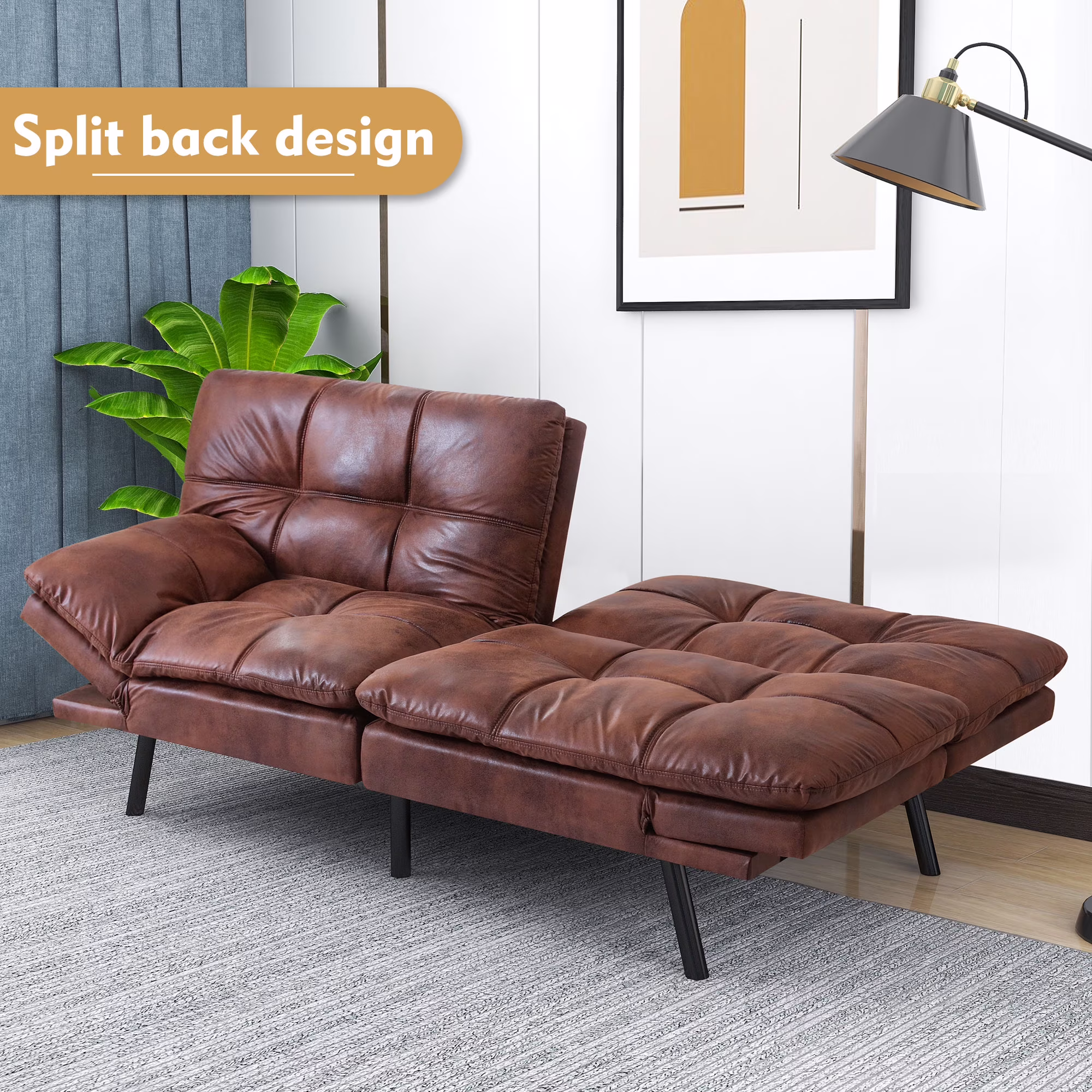 Airdown Sofa, with Armrests And Metal Legs, Convertible Futon Sofa Bed, Brown