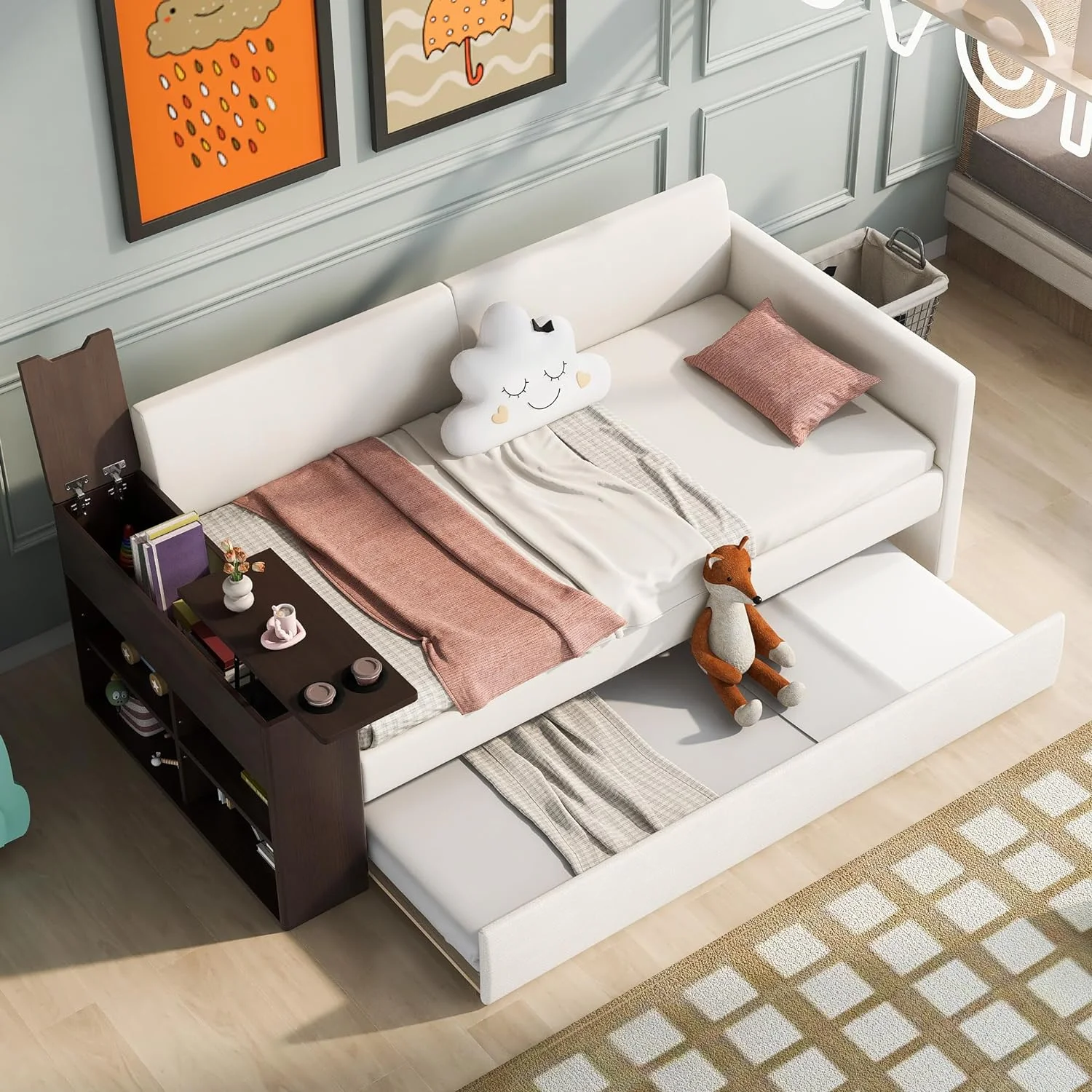 Upholstered Daybed With Trundle, Storage Arms, Cup Holder And USB Design, Daybed Frame Sofa Bed, No Box Spring Required, For Living Room Bedroom Guest Room - Linen Beige