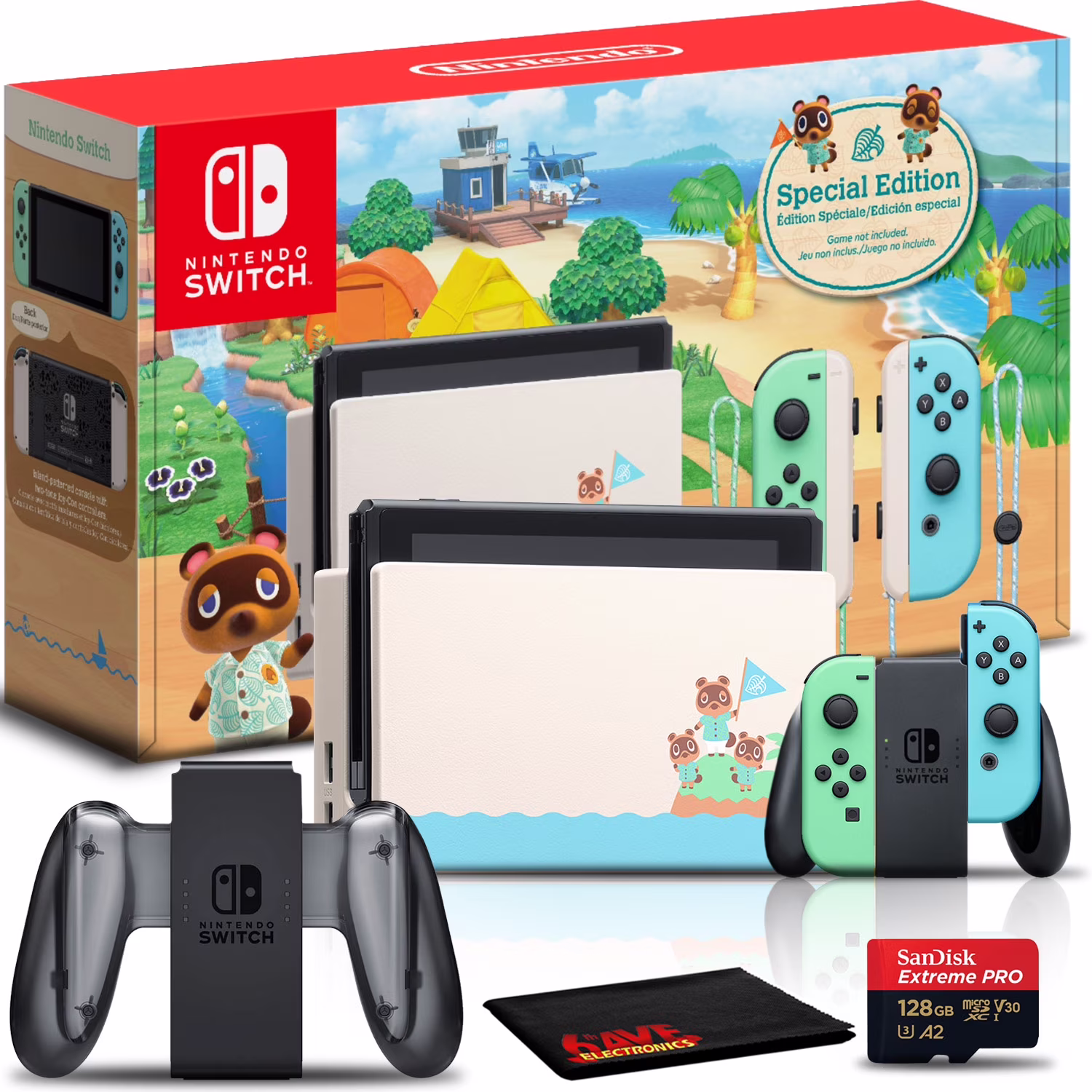 Nintendo Switch Animal Crossing Console Bundle + 128GB microSD + Charging Grip