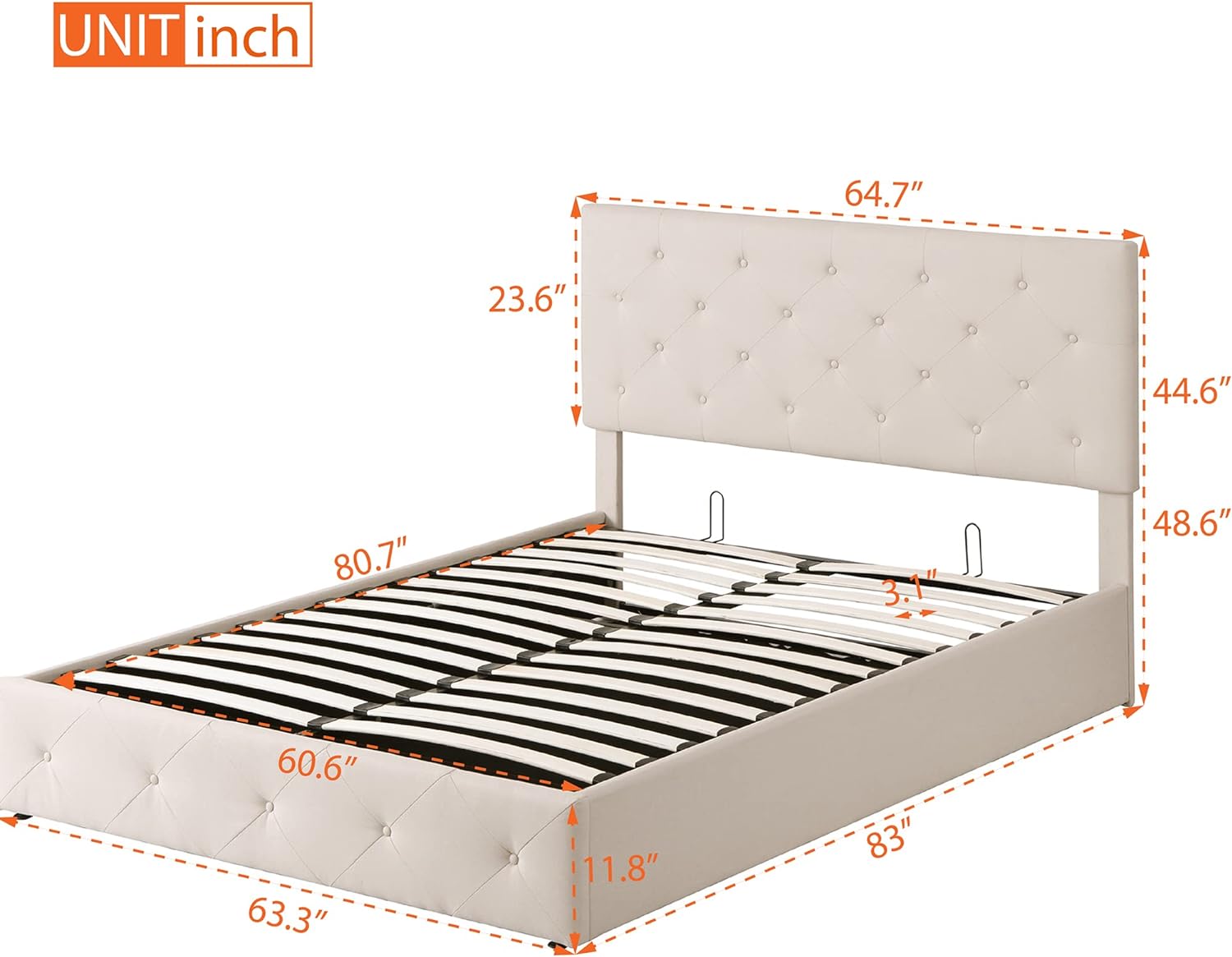 Queen Size Upholstered Platform Bed With Storage Underneath, Queen Bed Frame With Gas Lift Up Storage, Lift Storage Bed, Beige