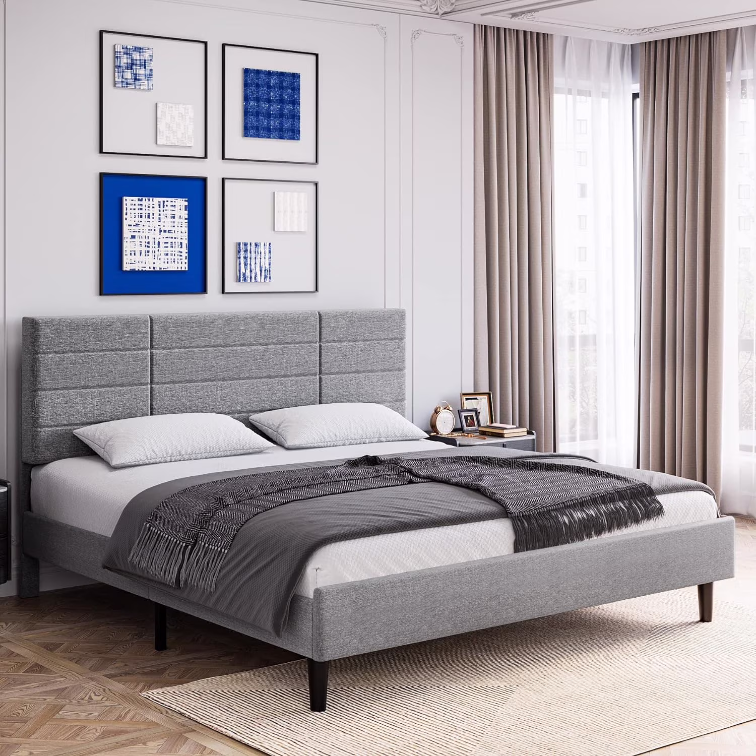 Queen Size Platform Bed Frame  Upholstered Bed Frame with Modern Adjustable Headboard  Mattress Foundation  Wood Slat Support  No Box Spring Needed  Light Grey