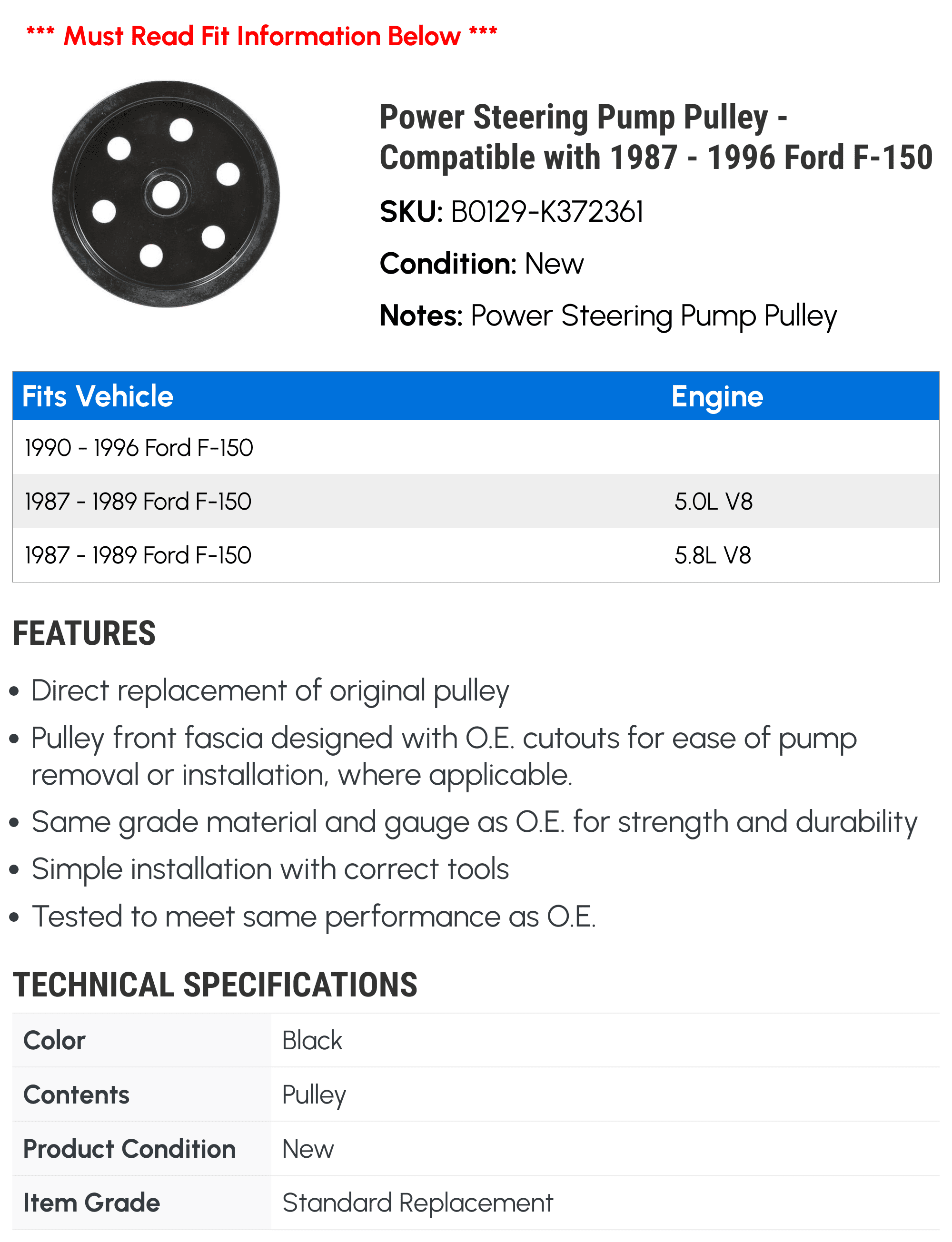Power Steering Pump Pulley - Compatible with 1987 - 1996 Ford F-150 1988 1989 1990 1991 1992 1993 1994 1995